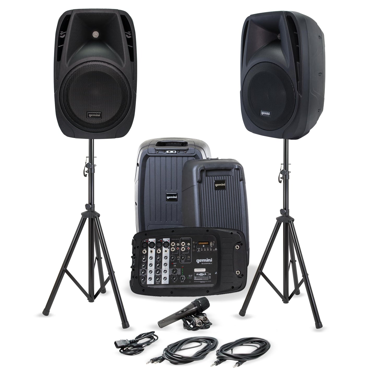 Gemini Portable PA System with Stands, Bluetooth, 600W Powered System with 6-Channel Mixer, Dual 10" Speakers, Mic & Cables—All-in-One for Events, DJs & Fitness (ES-210MXBLU-ST)