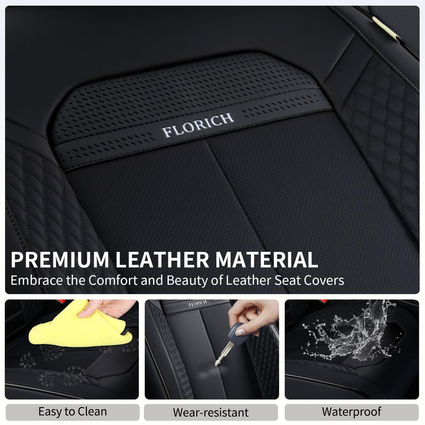 FLORICH 2pcs Car Seat Covers Front Set, Black Car Seat Cover, Breathable Premium Leather Seat Covers, Automotive Vehicle Seat Covers for Cars Trucks Vans SUVs Sedans (2 Packs, Black)