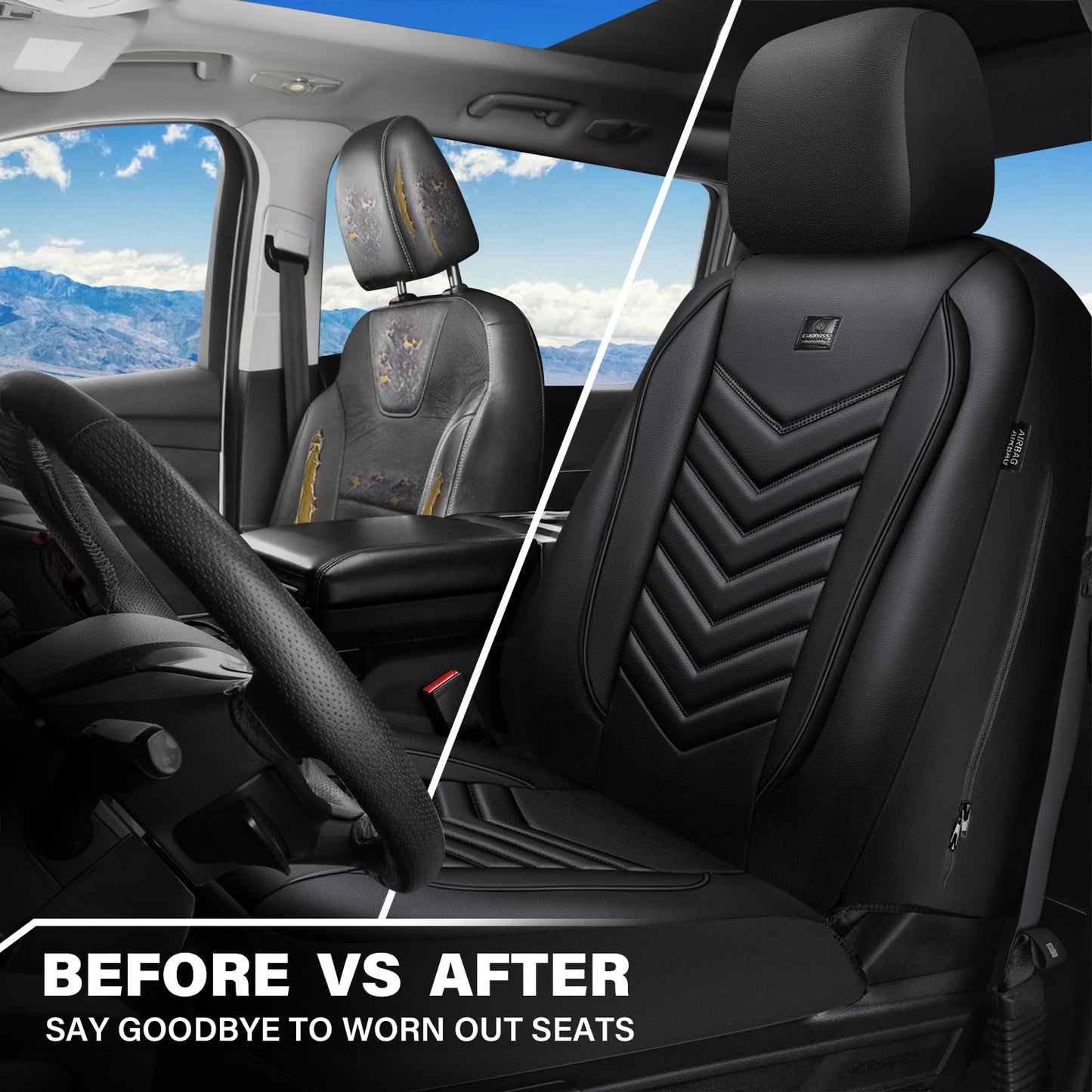 CAR PASS 3D Foam Faux Leather Car Seat Covers Front Seats,Waterproof Leather Front Seat Cover for Cars,Luxury Universal Fit Anti-Slip for SUV Truck Sedan Automotive,Armrest Airbag Compatible,Black