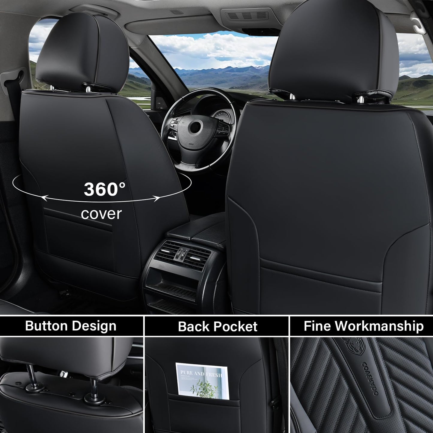 Coverado Seat Covers Full Set, Luxury Leather Car Seat Covers for Car with Lumbar Support, Automotive Seat Covers Waterproof Car Seat Protector Universal Fit for Most Cars SUV Truck(Black)