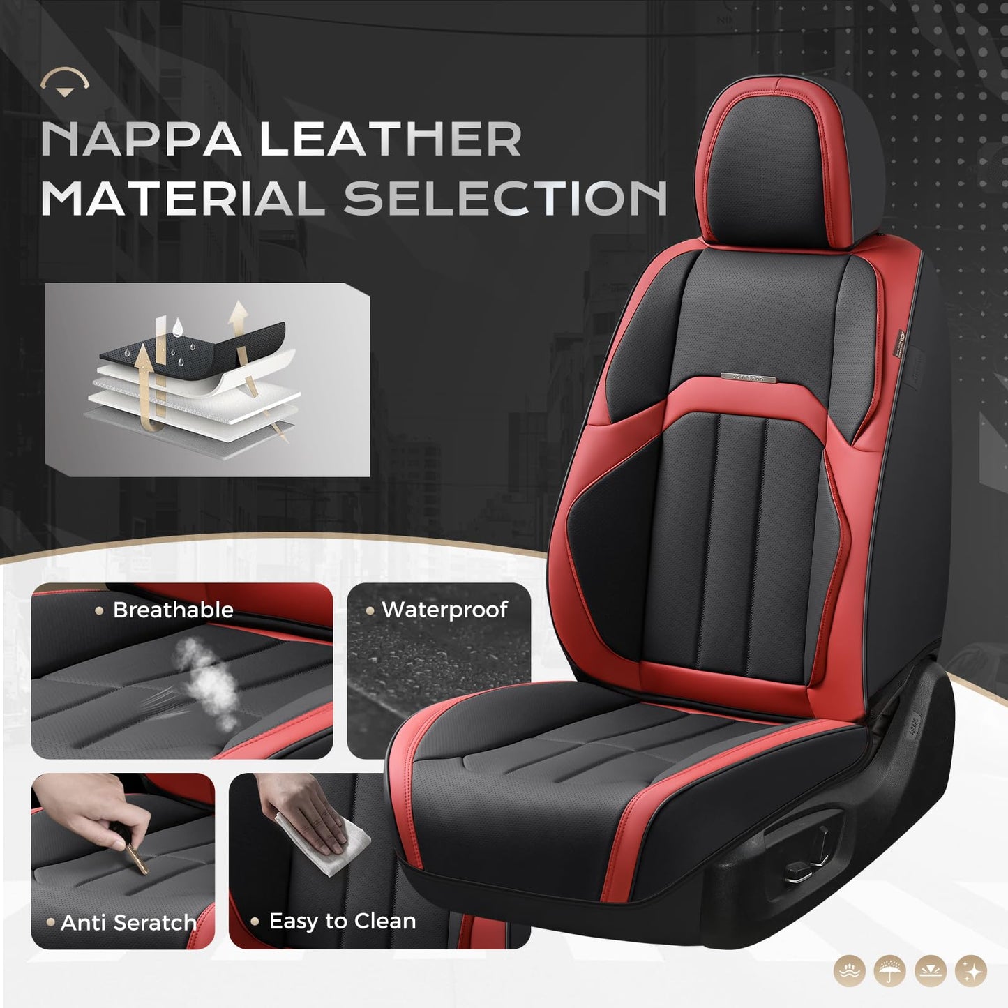 Coverado Car Seat Cover, Cover for Cars Front Seat, Premium Leather, Universal Fit Waterproof Seat Protectors, Car Seat Cushion Non-Slip for Most Cars-Black Red