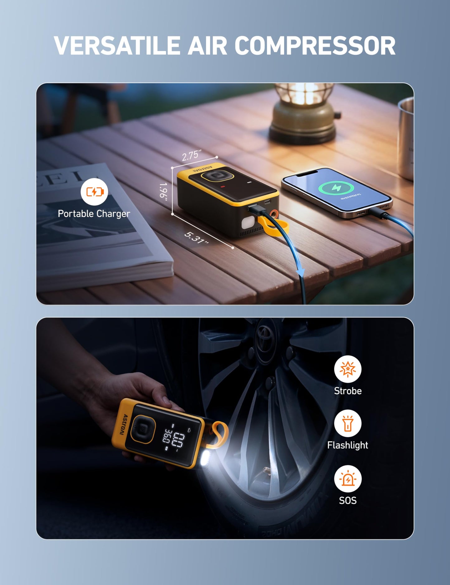 AstroAI L7 Air Tire Inflator Portable Air Compressor, 150PSI Electric Cordless Bike Pump with Fast 1-min Inflation, Auto Shutoff, LED Light – Rechargeable for Car, SUV, Motorcycle, Bike Tires, Yellow