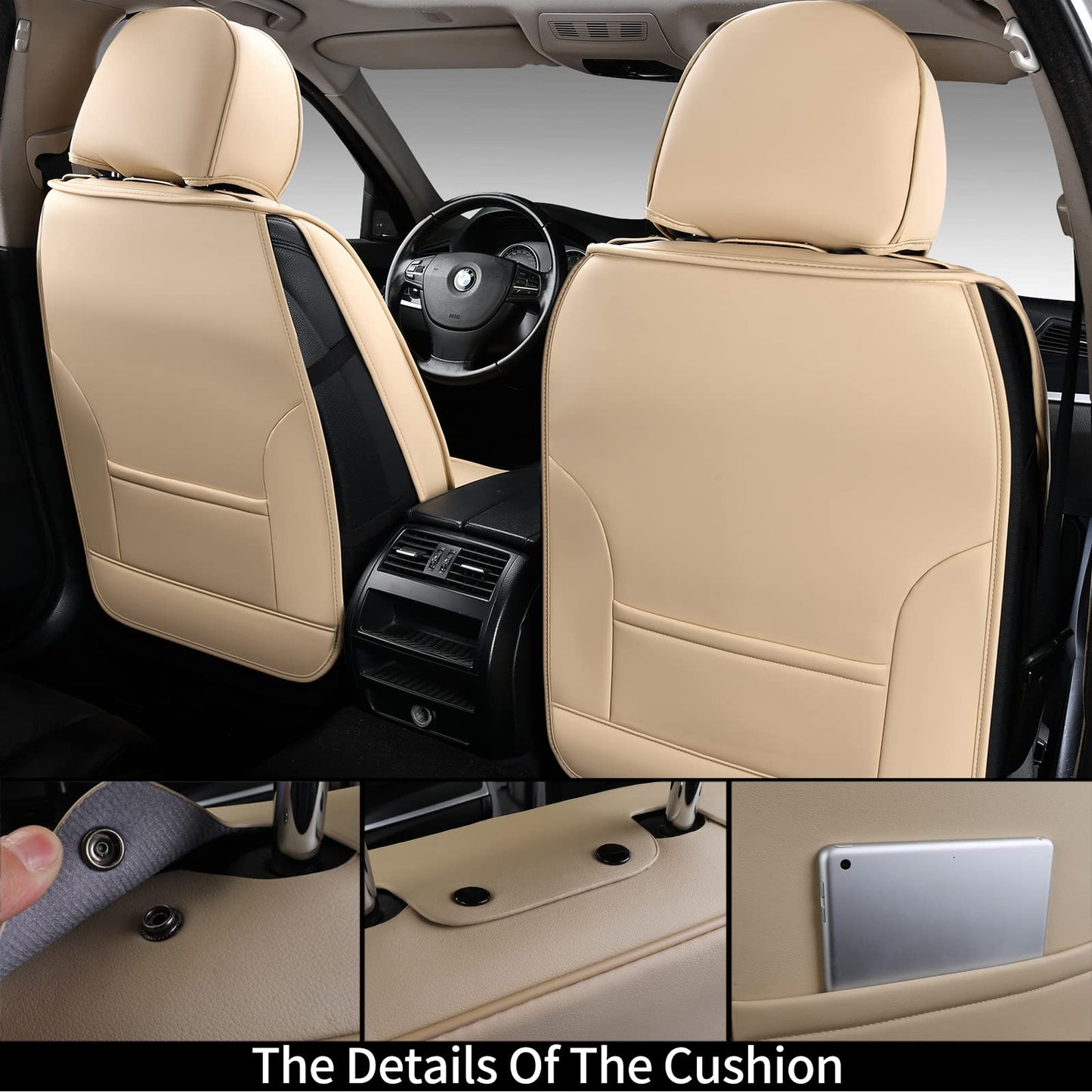 Coverado Front Seat Covers, 2 Pieces Universal Seat Covers for Cars, Waterproof Nappa Leather Sideless Auto Seat Protectors, Car Seat Cushions Universal Fit for Most Sedans SUV Pick-up Truck Beige