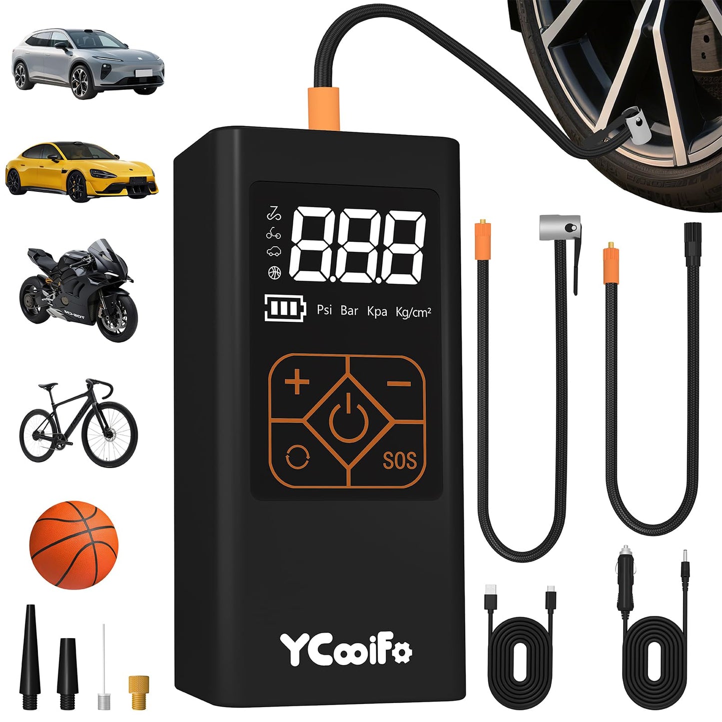 YCooiFo 150 PSI Tire Inflator Portable Air Compressor, 8000mAh Battery Auto Shut-Off Air Pump, 6X Inflator Portable Tire Inflator for Car, Bicycle, Motor, Ball