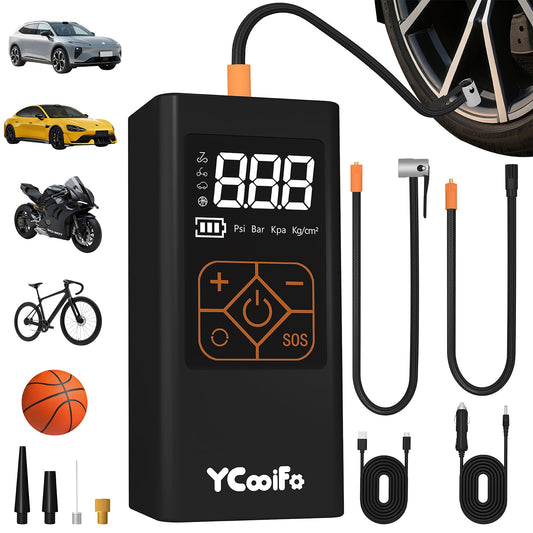 YCooiFo 150 PSI Tire Inflator Portable Air Compressor, 8000mAh Battery Auto Shut-Off Air Pump, 6X Inflator Portable Tire Inflator for Car, Bicycle, Motor, Ball