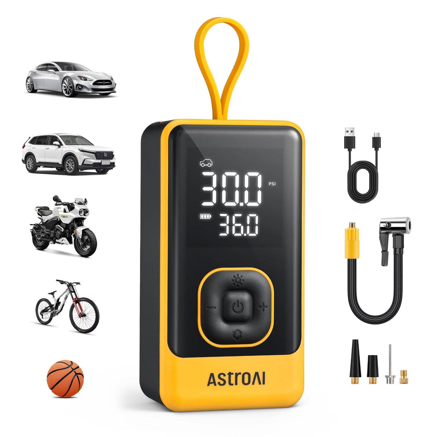 AstroAI L7 Air Tire Inflator Portable Air Compressor, 150PSI Electric Cordless Bike Pump with Fast 1-min Inflation, Auto Shutoff, LED Light – Rechargeable for Car, SUV, Motorcycle, Bike Tires, Yellow