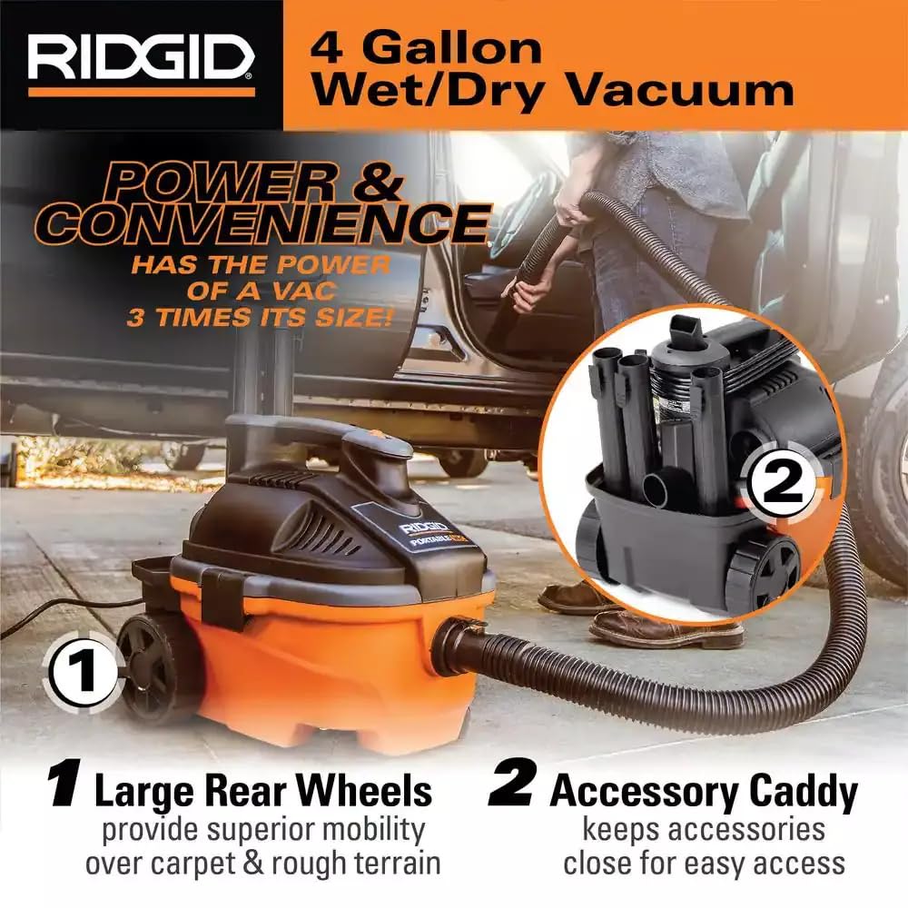 Wet Dry Vacuums with Rear Wheels, 5.0 Peak HP, 4-Gallon Wet Dry Vacuum Cleaner with Tool Kit Casters Powerful Cartridge Filter