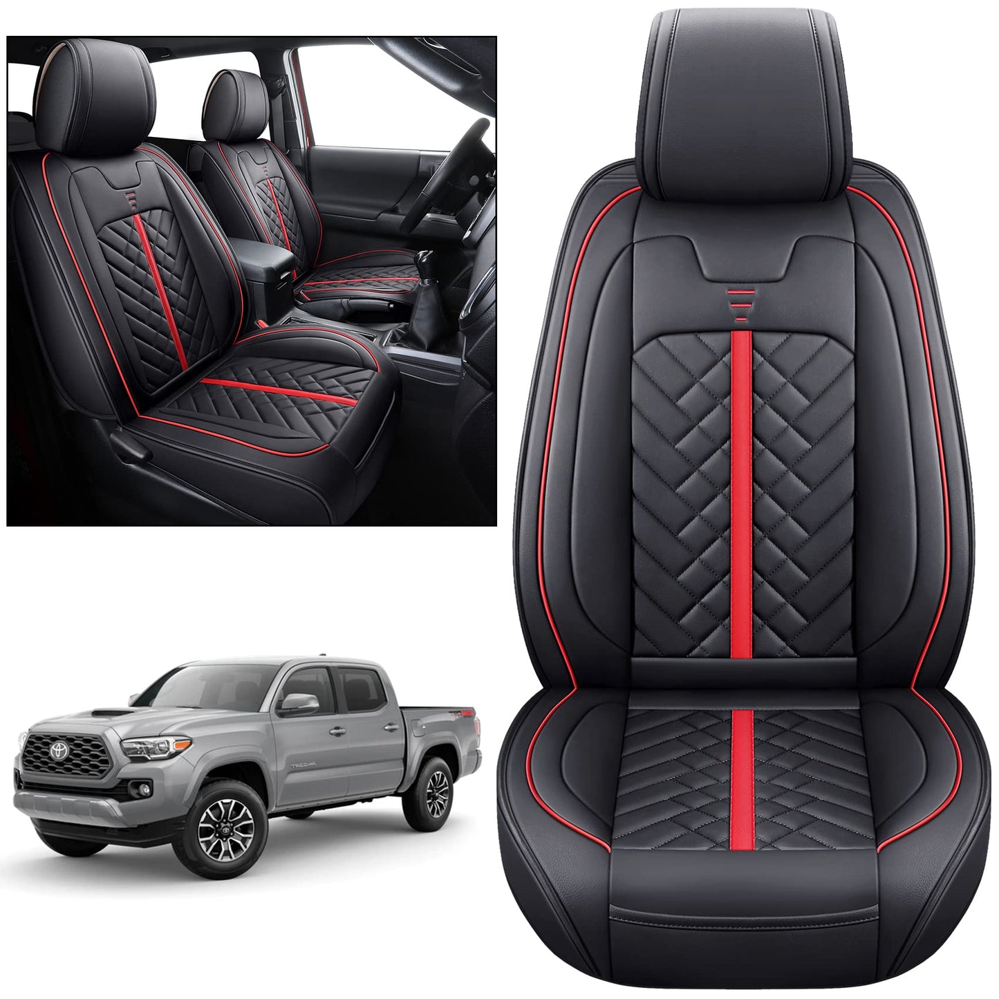 Tomatoman Toyota Tacoma Seat Covers Custom Fit 2005-2022 2023 2024 2025 Access Crew Double Cab Truck TRD Pro Trail Edition Limited SR5 Offroad Car Cushions (2 PCS Front/Black-Red)