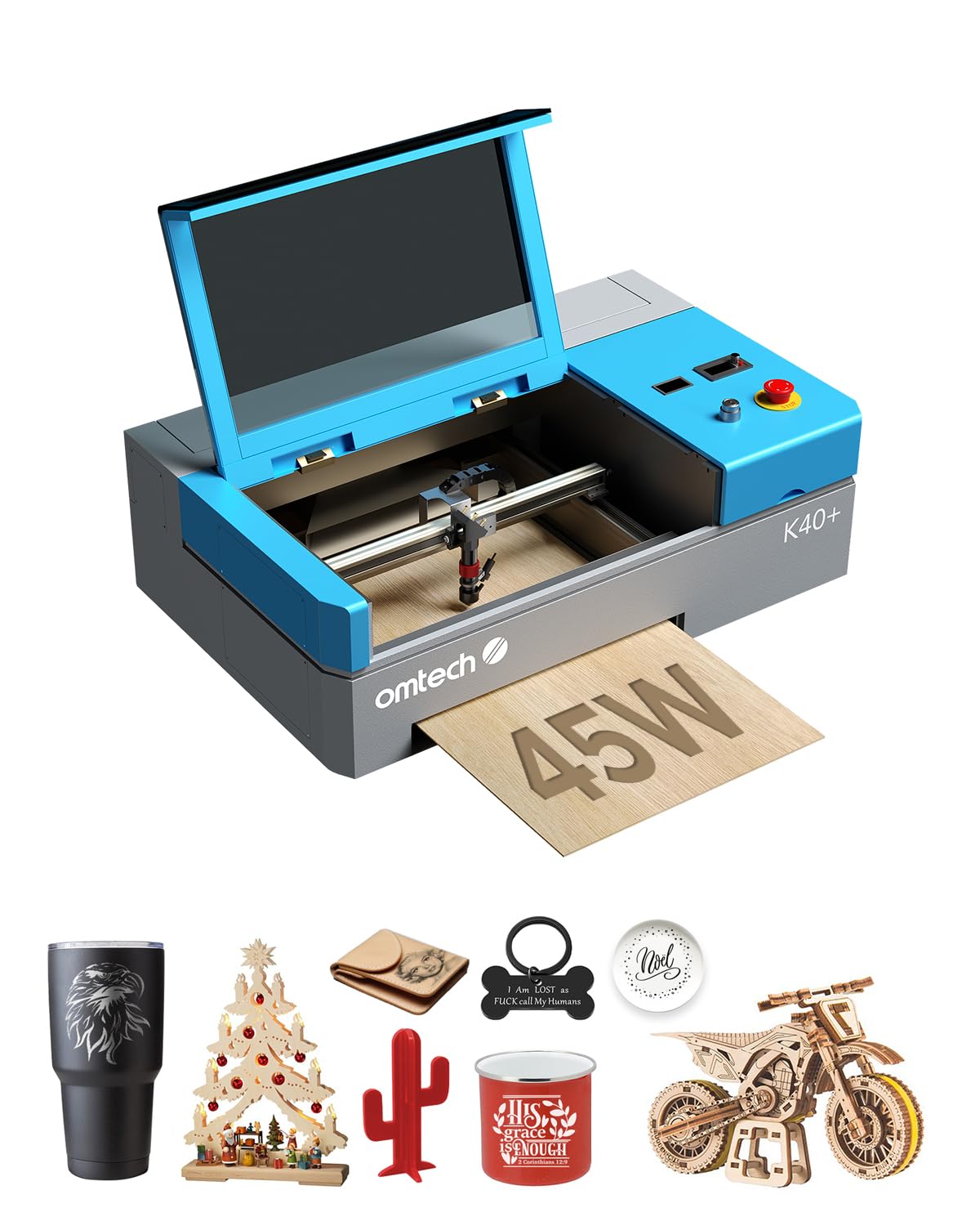 OMTech K40+ 45W CO2 Laser Engraver, 12"x8" Desktop Laser Cutter & Engraving Machine for Home Use, LaserGRBL LightBurn Compatible, Adjustable Laser Head Air Assist for Wood Glass More