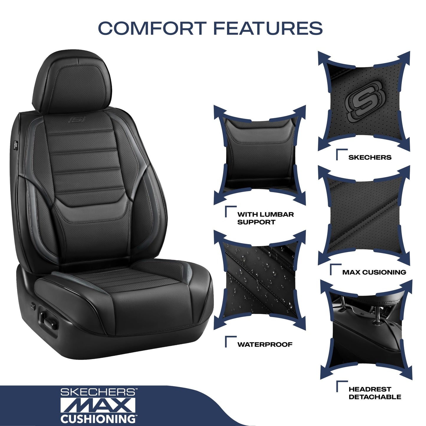 Skechers MAX Cushioning Seat Covers,Memory Foam Leather Car Seat Covers,Waterproof Car Seat Protector Full Sets,Car Seat Cushion Airbag Automotive Universal Fit for Most Cars,Vans,Trucks,SUV,Black
