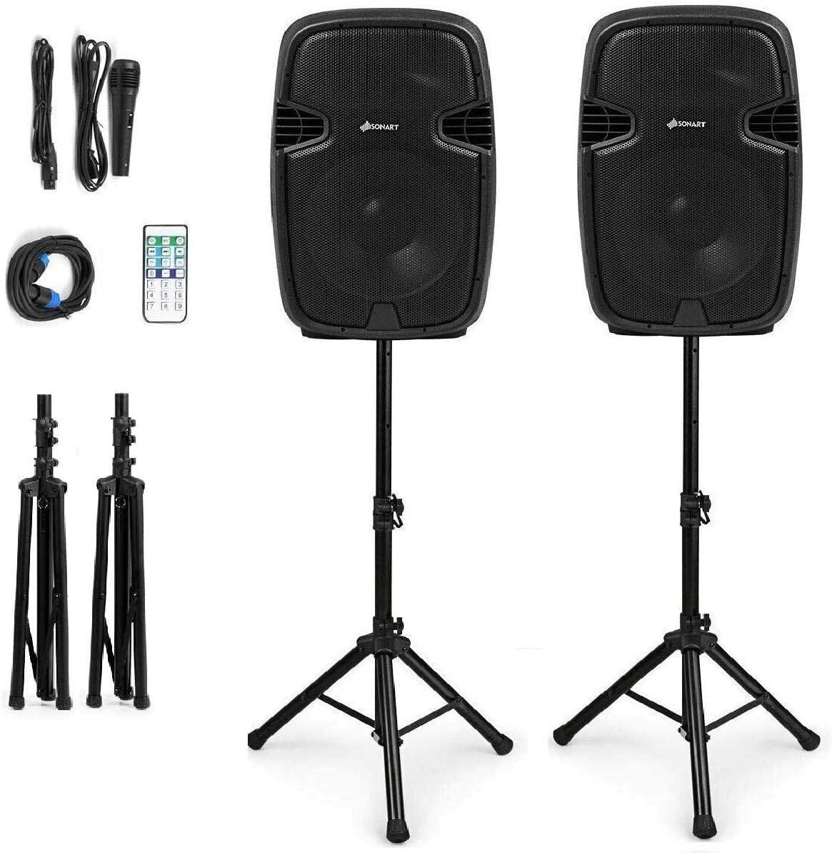 GOFLAME Portable 15" PA Speaker System Set, 3000W 2-Way Loudspeaker with Active + Passive Speaker, High Powered DJ Speaker with Bluetooth, USB/SD Card Reader, Stands, Microphone, Remote
