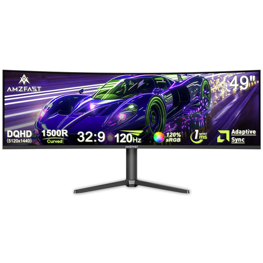 Amzfast 49 Inch Curved Monitor 120Hz DQHD 5120x1440p Ultrawide Gaming Monitor, 120% sRGB, 3000:1, 1ms, HDR, Adaptive Sync, PIP/PBP, Low Blue Light, HDMI 2.0/DP 1.4, VESA 75x75, AMZG49C7U
