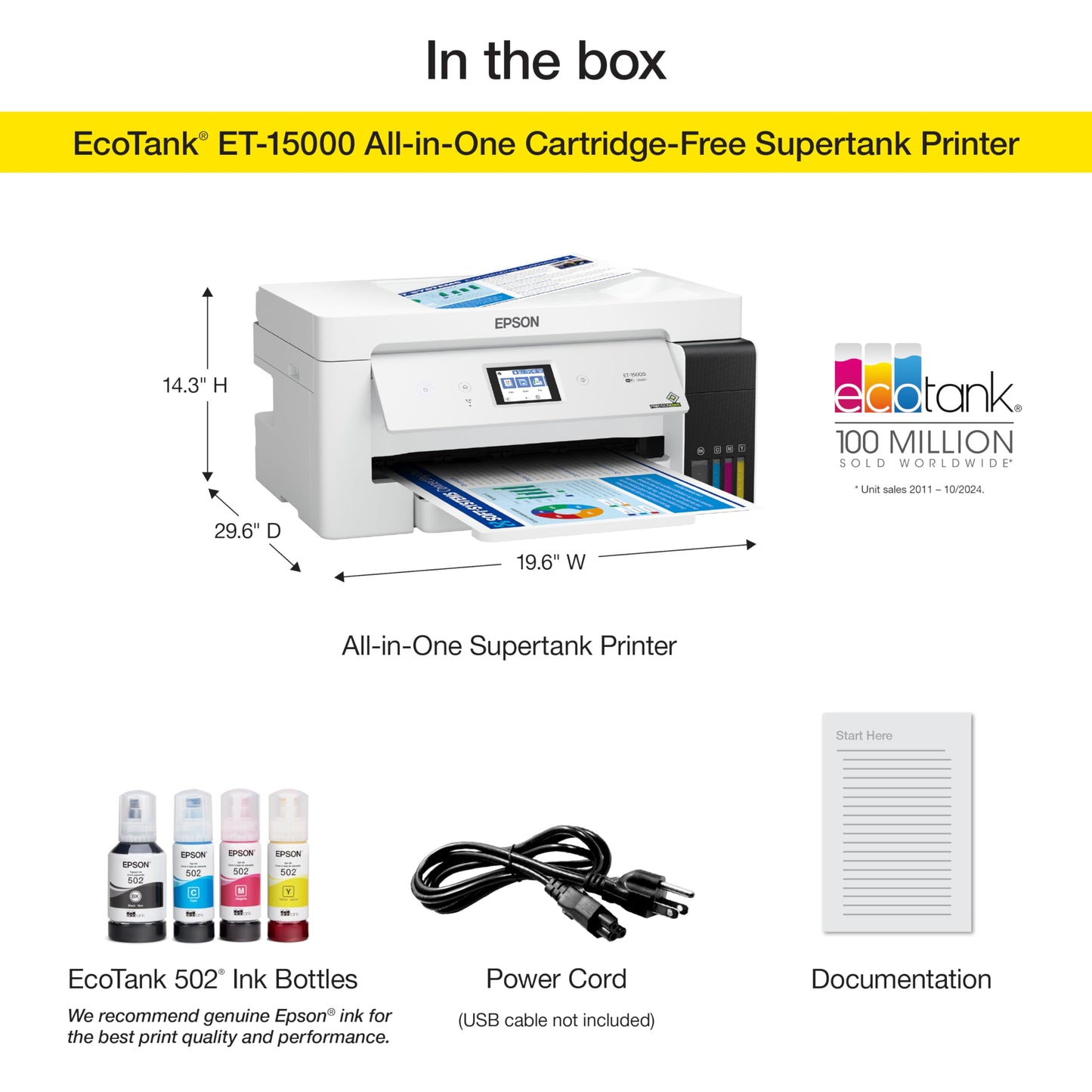 Epson EcoTank ET-15000 Wireless Color All-in-One Supertank Printer with Scanner, Copier, Fax, Ethernet and Printing up to 13 x 19 Inches, White