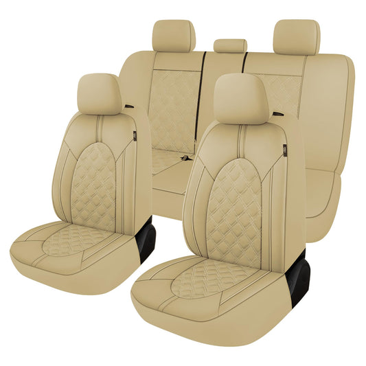 CAROMOP Luxury PU Leather Car Seat Covers Full Set-Waterproof Seat Protectors with Split Bench Seat Covers for Cars-Universal Cars Interior Covers for Sedans, SUVs, Pick-up Trucks(Beige/Beige Line)