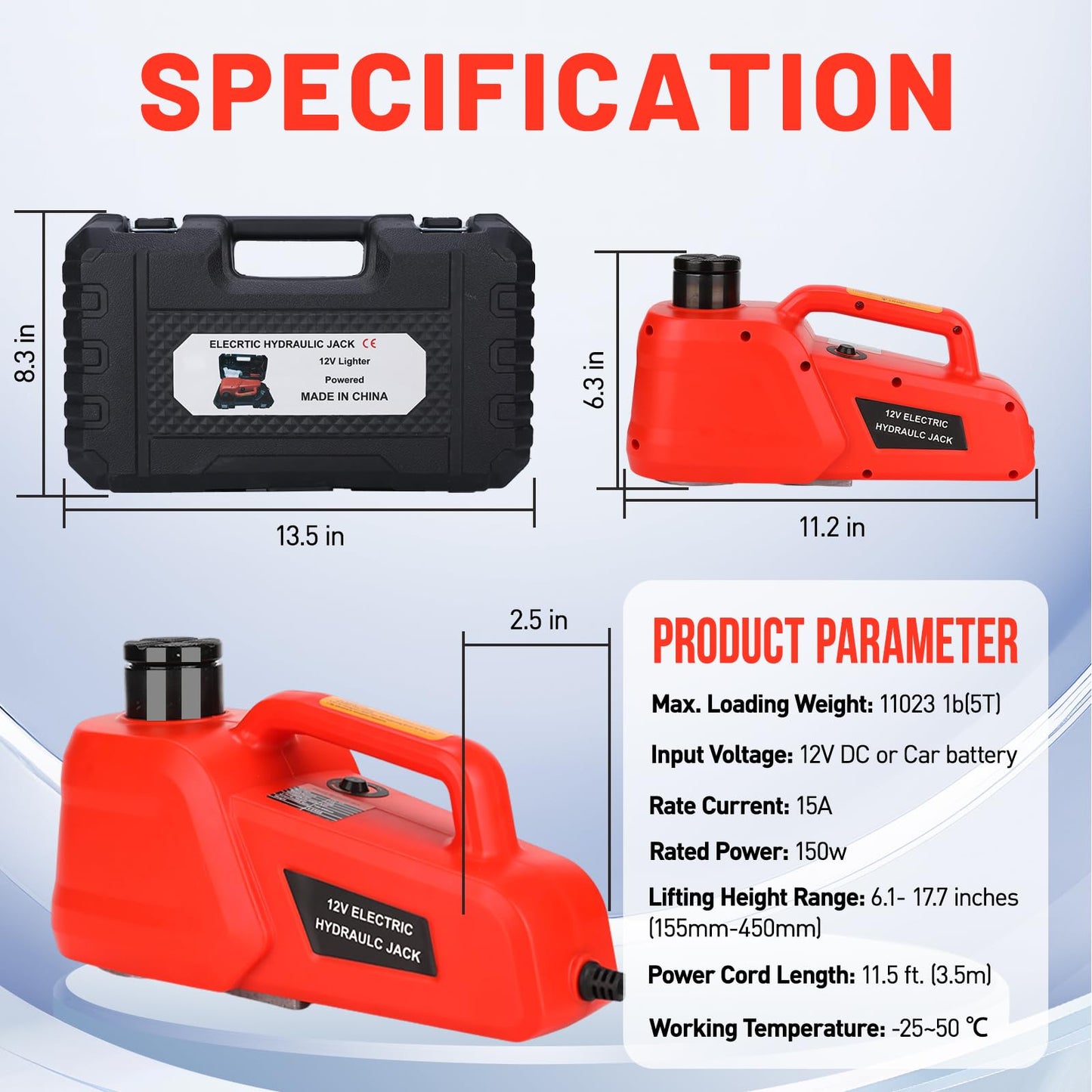 ROGTZ Electric Hydraulic Car Jack Kit 5 Ton 12V Ultra-Portable Auto Car Lift with 17.7 Inch Range for SUV Sedan Truck Repair Floor Jack for Tire Change Lightweight for Easy Storage