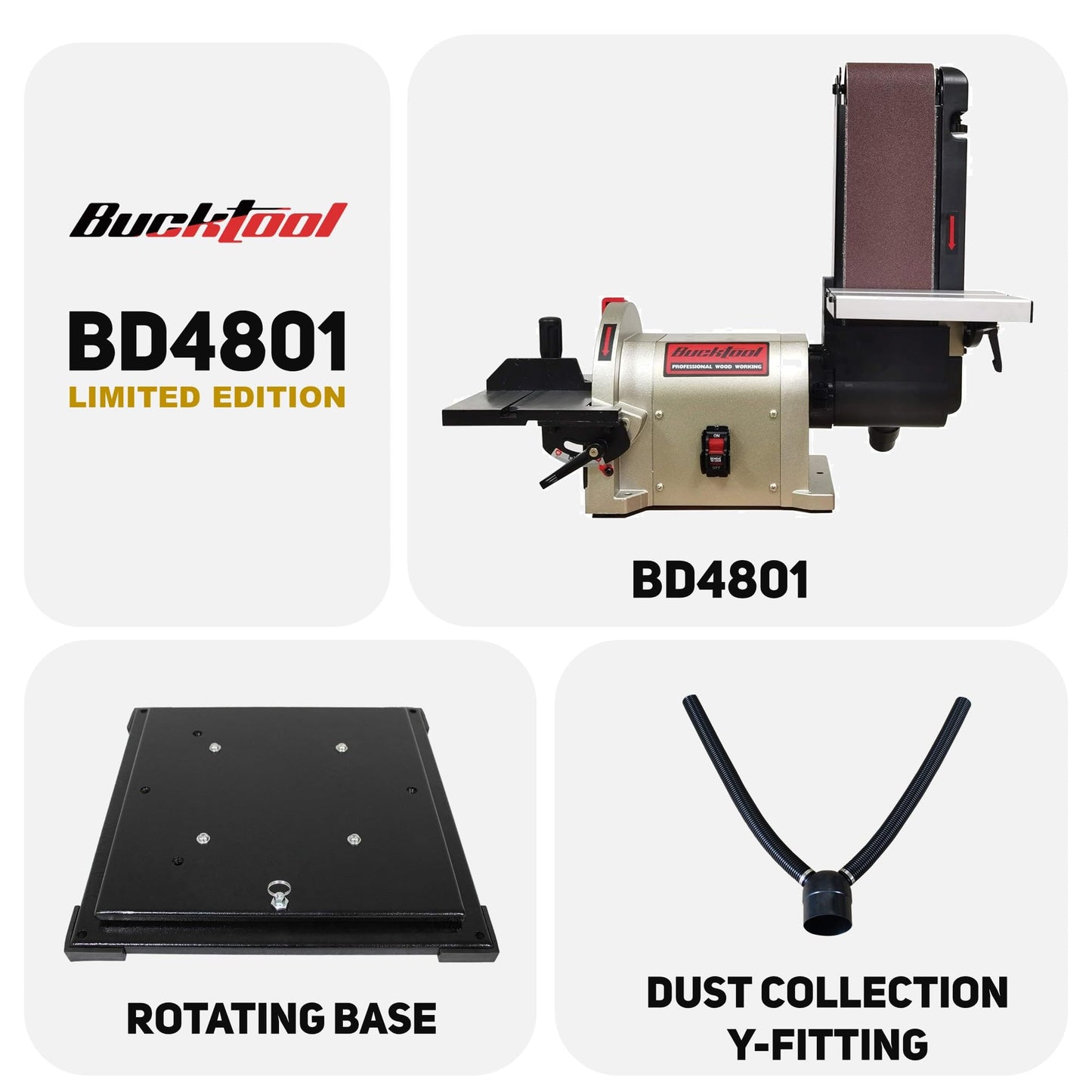 BUCKTOOL Bench Belt Sander with Rotating Base and Dust Collection Fitting, Belt Sander for Woodworking 4 in. x 36 in. Belt & 8 in. Disc with 3/4HP Direct-drive Motor with Rotating Base, BD4801