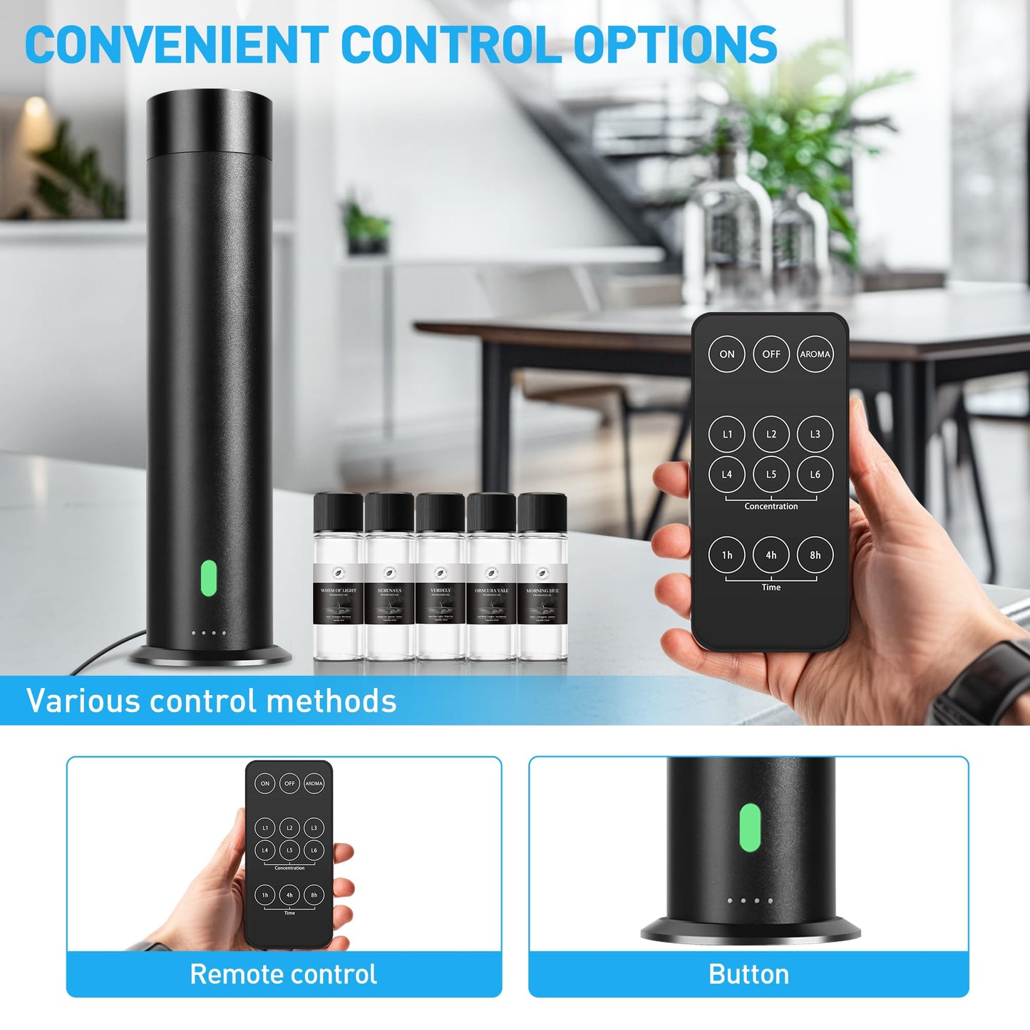 Waterless Scent Diffuser Starter Kit - 800 Sq Ft Coverage, Hotel Scent Diffuser, Essential Oil Diffuser Large Room, Included 5 Scent Oils, Remote Control, Black, 11.20In