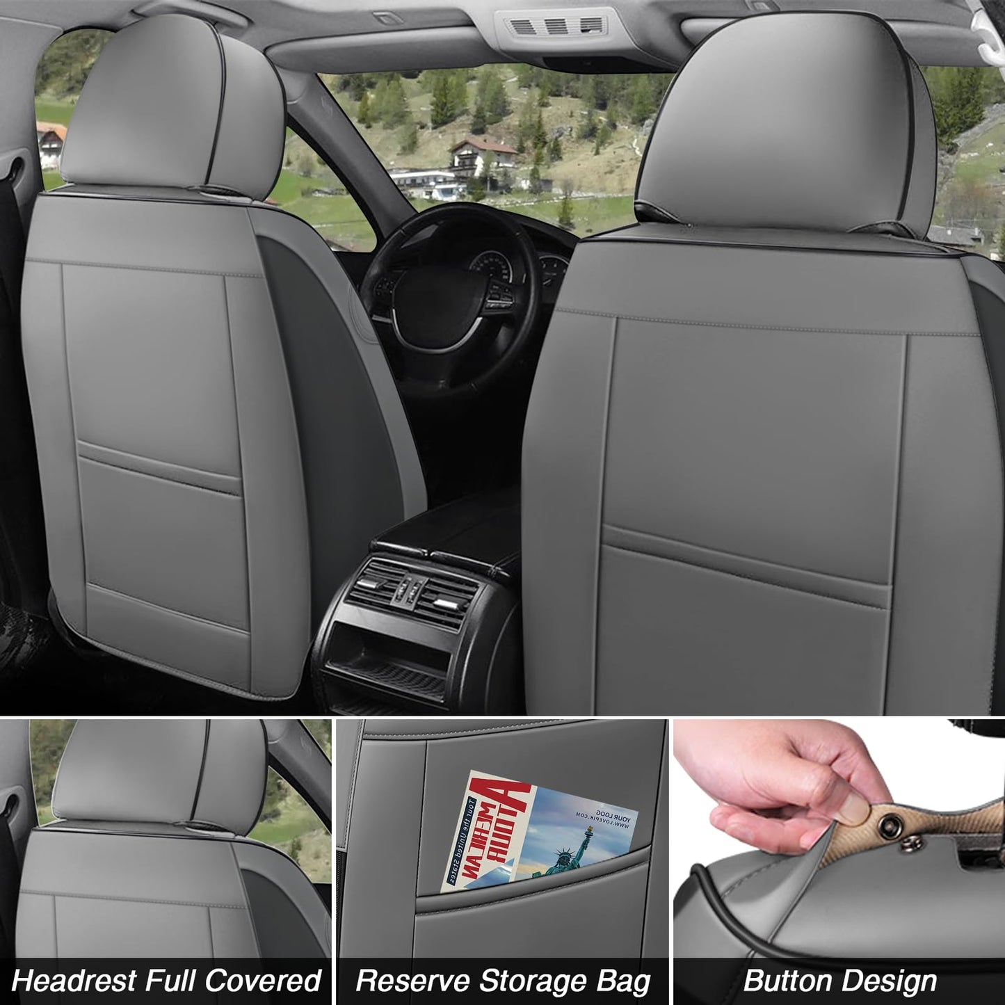 BYXN Leather Seat Covers Full Set,5 Seats Universal Car Seat Protectors,Easy to Install Cover Set,Waterproof Car Seat Covers Car Seat Cushions Fit for Most Cars SUVs and Trucks(5 Seats,Gray-Black)