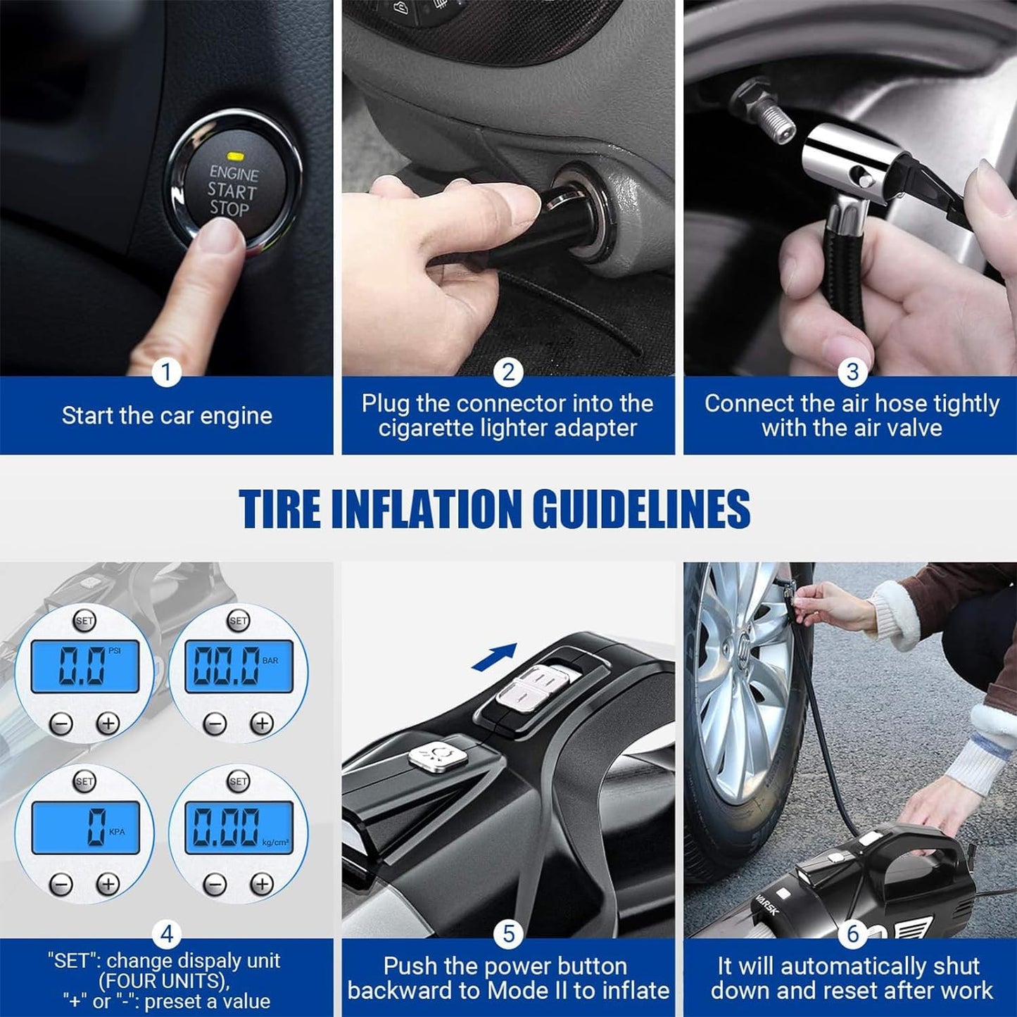 VARSK 4-in-1 Car Vacuum Cleaner High Power, Tire Inflator Portable Car Vacuum with Digital Tire Pressure Gauge LCD Display and LED Light, 12V DC, 15FT Cord, Essential Accessories for Men Women