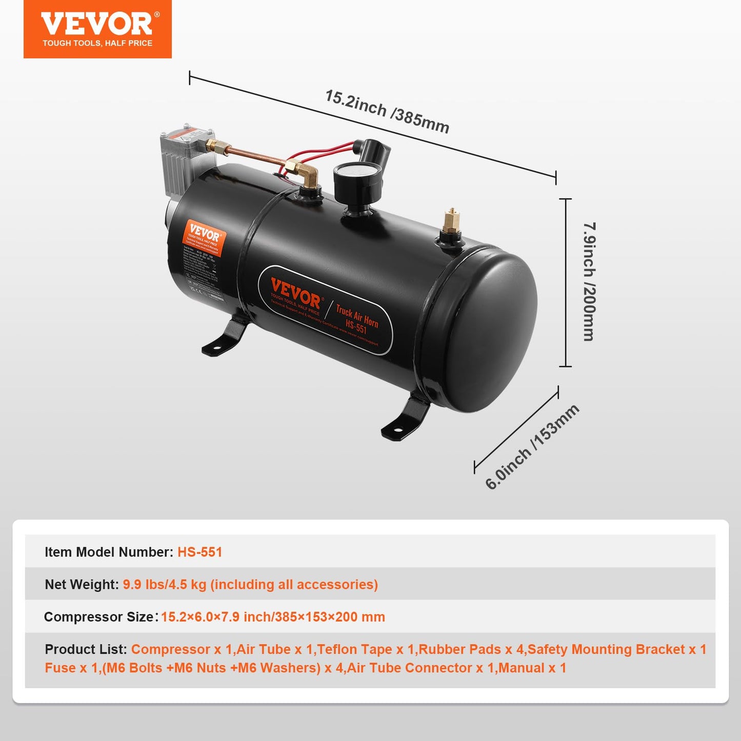 VEVOR 12V Air Compressor with Tank 0.8 Gallon/3 L, Train Horn Air Compressor, 120 psi Working Pressure Onboard Air Compressor System for Train Air Horns, Inflating Tires, Air Mattresses