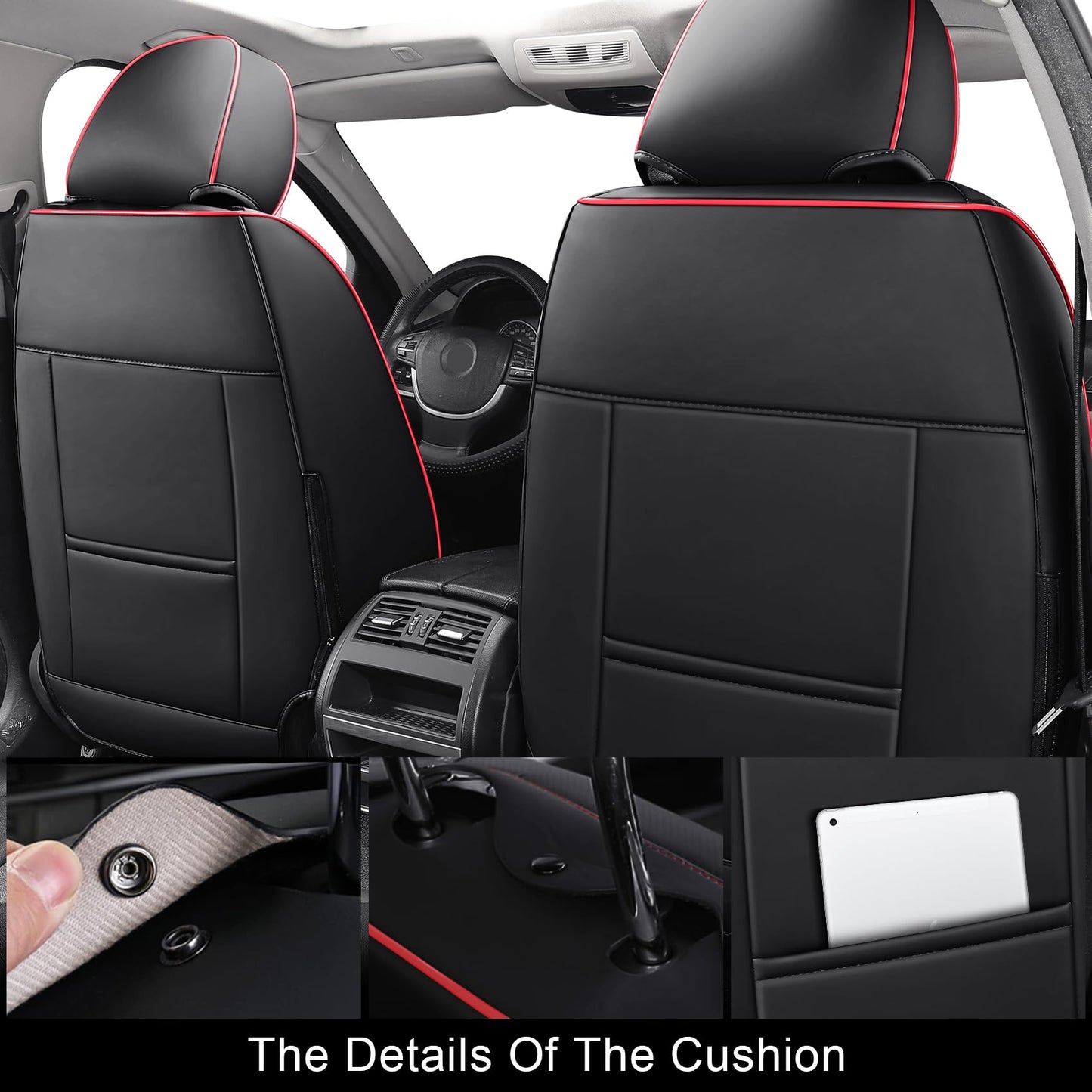 Aierxuan Leather Car Seat Covers Full Coverage Universal Fit Ford Focus Hyundai Elantra Honda Civic Toyota Corolla Nissan Murano Altima Rogue, Full Set, Black-Red