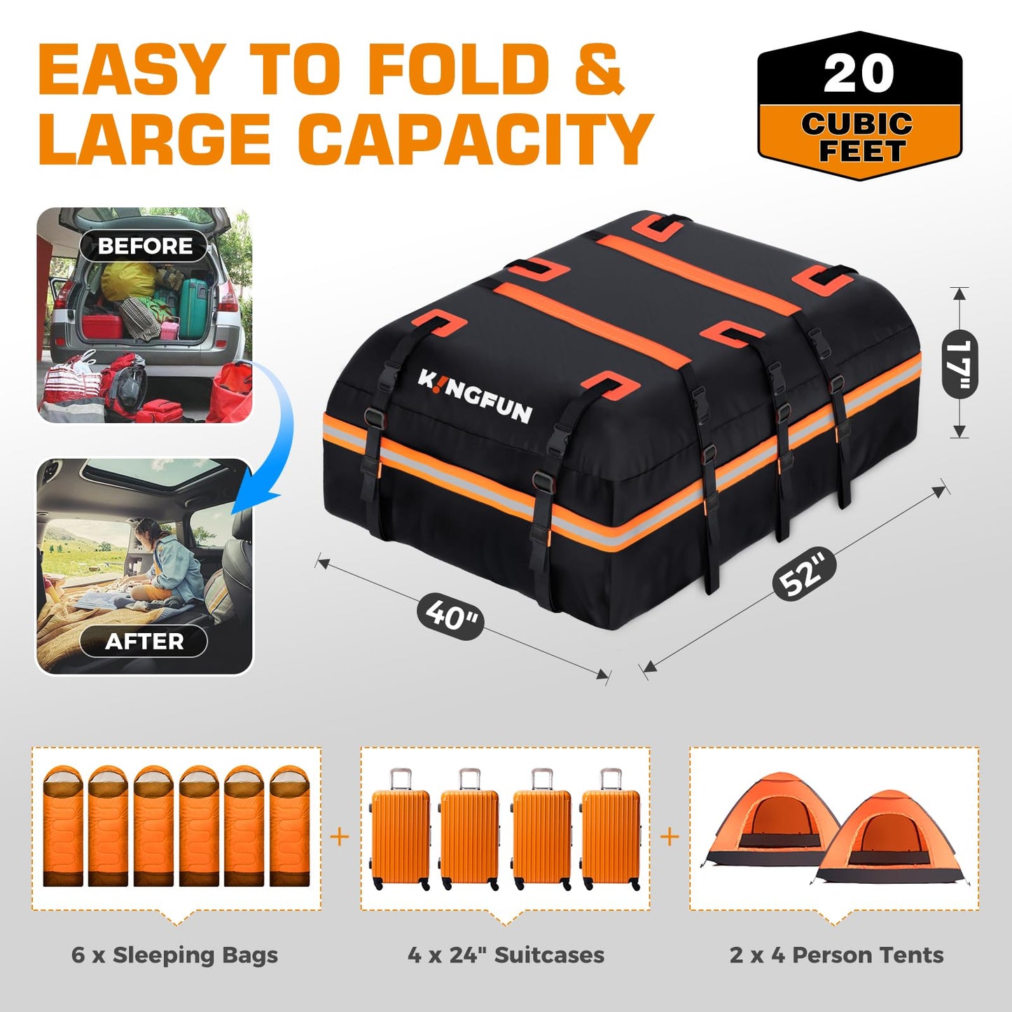 Kingfun Car Rooftop Cargo Carrier – Waterproof 20 Cubic Feet Car Roof Bag Fit All Vehicles with/Without Roof Racks, Includes Anti-Slip Mat, 8 Reinforced Straps & 6 Door Hooks, Luggage Locks