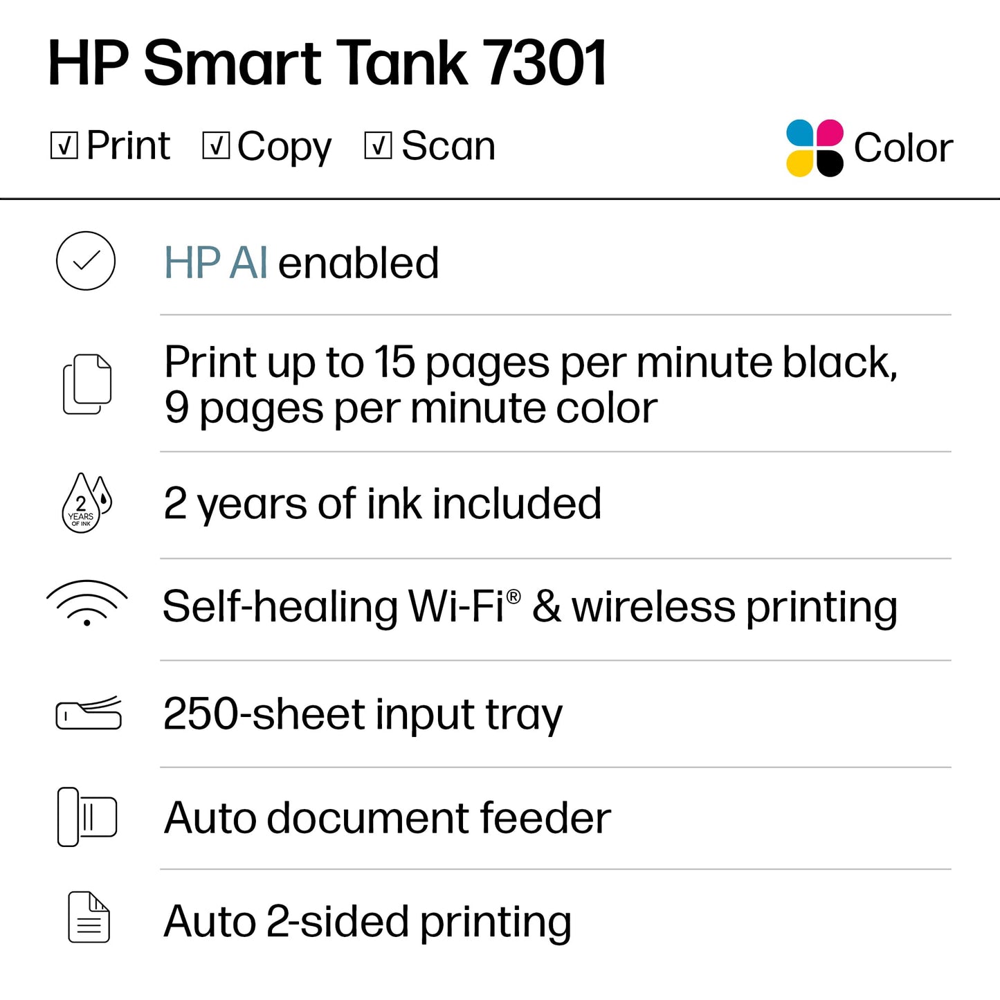HP Smart Tank 7301 Wireless All-in-One Ink Tank Printer, Scanner, Copier with 2 years of ink included, Best-for-home office, Refillable, AI-enabled (28B70A)