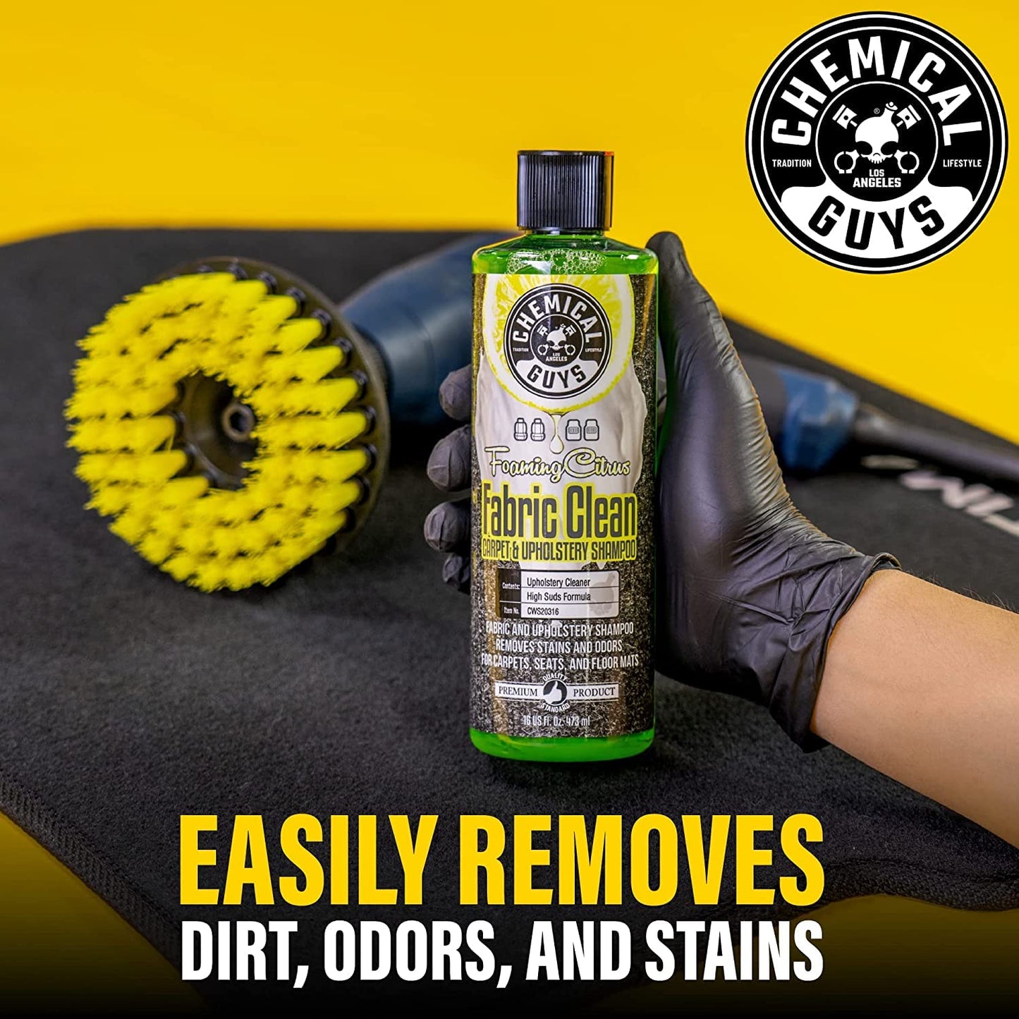 Chemical Guys Foaming Citrus Fabric Clean & Drill Brush Kit - High-Foaming Stain & Odor Remover for Car Carpets, Upholstery & Floor Mats - Deep Cleans & Deodorizes, Citrus Scent - 16 fl oz