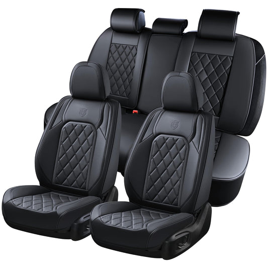 Coverado Car Seat Covers Full Set, Front and Back Seat Covers for Cars, Luxury Faux Leather Waterproof Seat Covers, Black Car Seat Covers, Car Seat Protector Accessories Universal Fit Most Vehicles