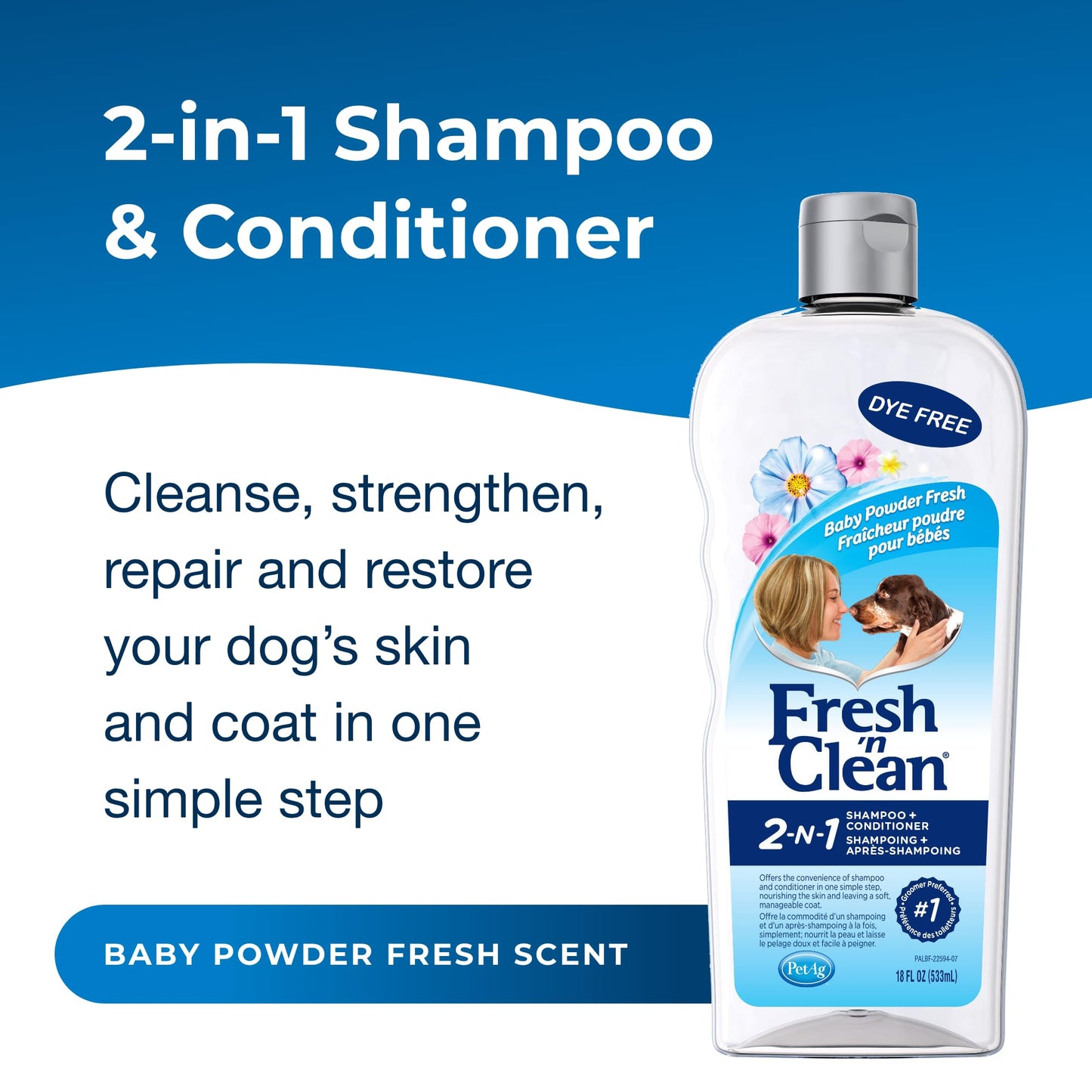 PetAg Fresh ’n Clean 2-N-1 Conditioning Shampoo, Baby Powder Scent - 18 oz - Moisturizes with Vitamin E & Aloe Vera - Strengthens & Repairs Coats - Soap Free