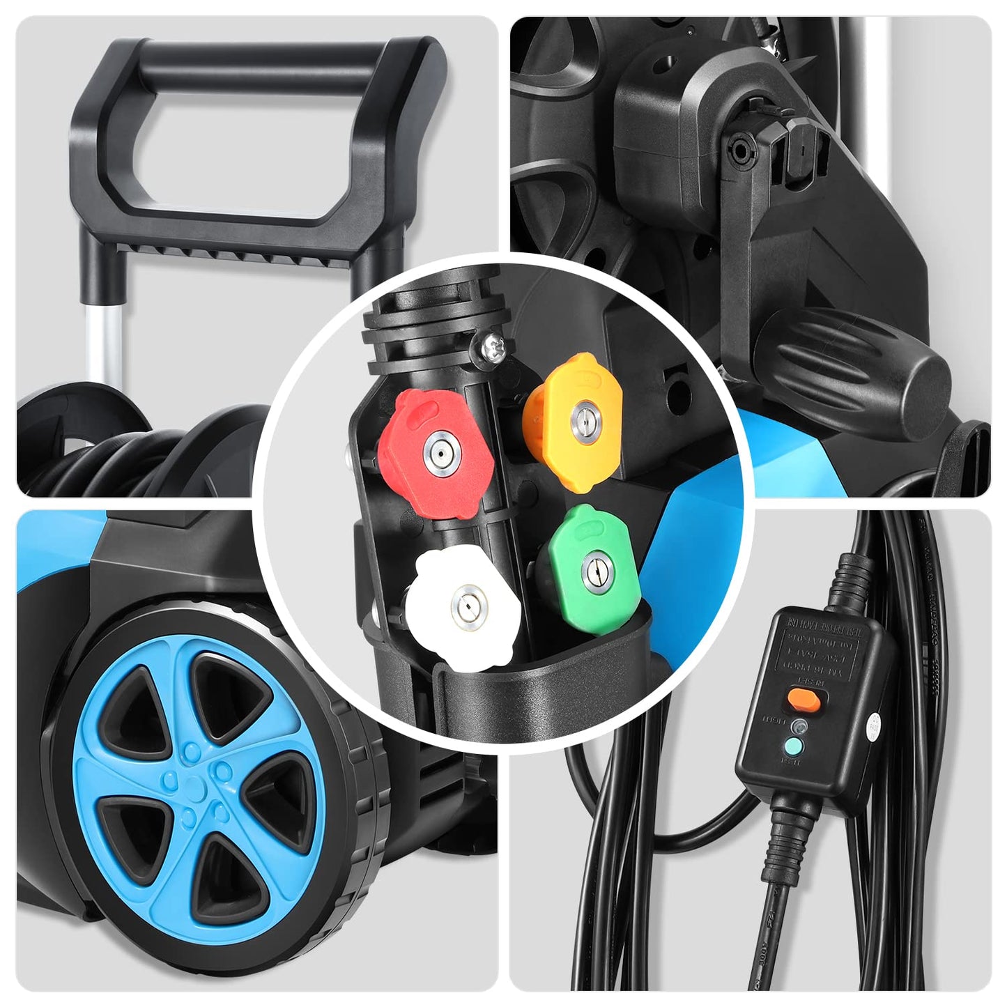 DNA MOTORING TOOLS-00231 Up to 2176 PSI Pressure 2.4 GPM Max Flow Electric Pressure Washer for Yard and Car Cleaning with Spray Nozzle Foam Bottle + 4 Turbo Nozzles IPX5 Driveway Patio Deck (Blue)