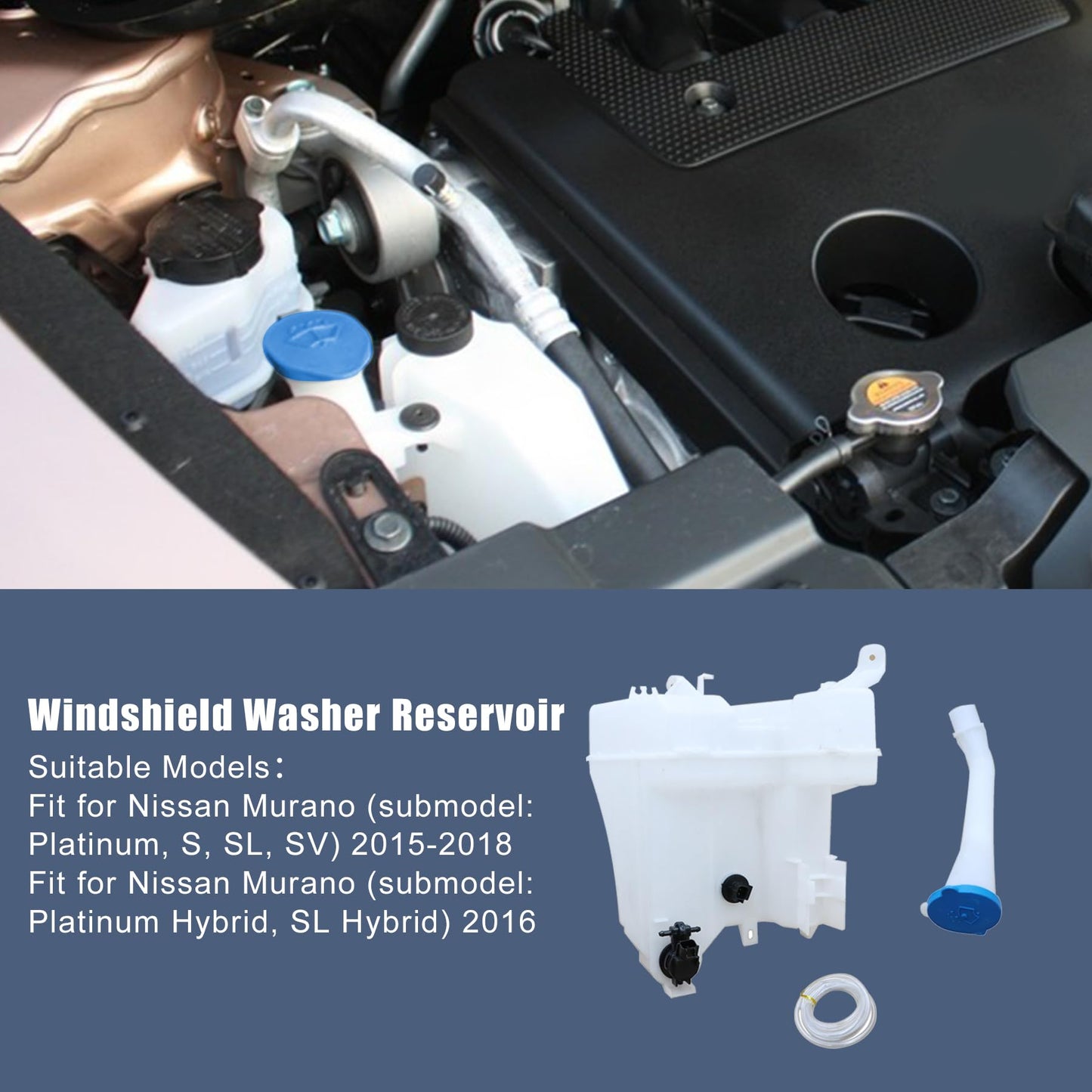 XQSMWF Front Windshield Washer Reservoir with Pump Compatible with Nissan Murano 2015 2016 2017 2018 289105AA0A NI1288201 28910-5AA0A Washer Fluid Reservoir Tank Bottle