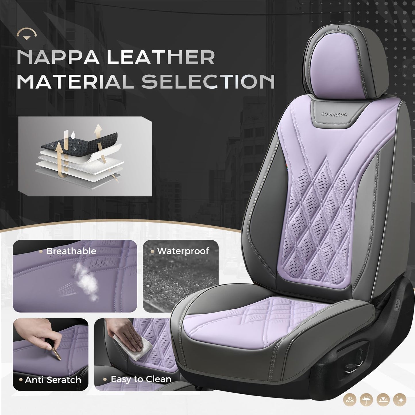 Coverado Car Seat Covers Full Set, Seat Covers for Cars, Waterproof Leather Automotive Seat Cover, Universal Car Interior Protectors Cushion for Most Cars Gray_Pruple