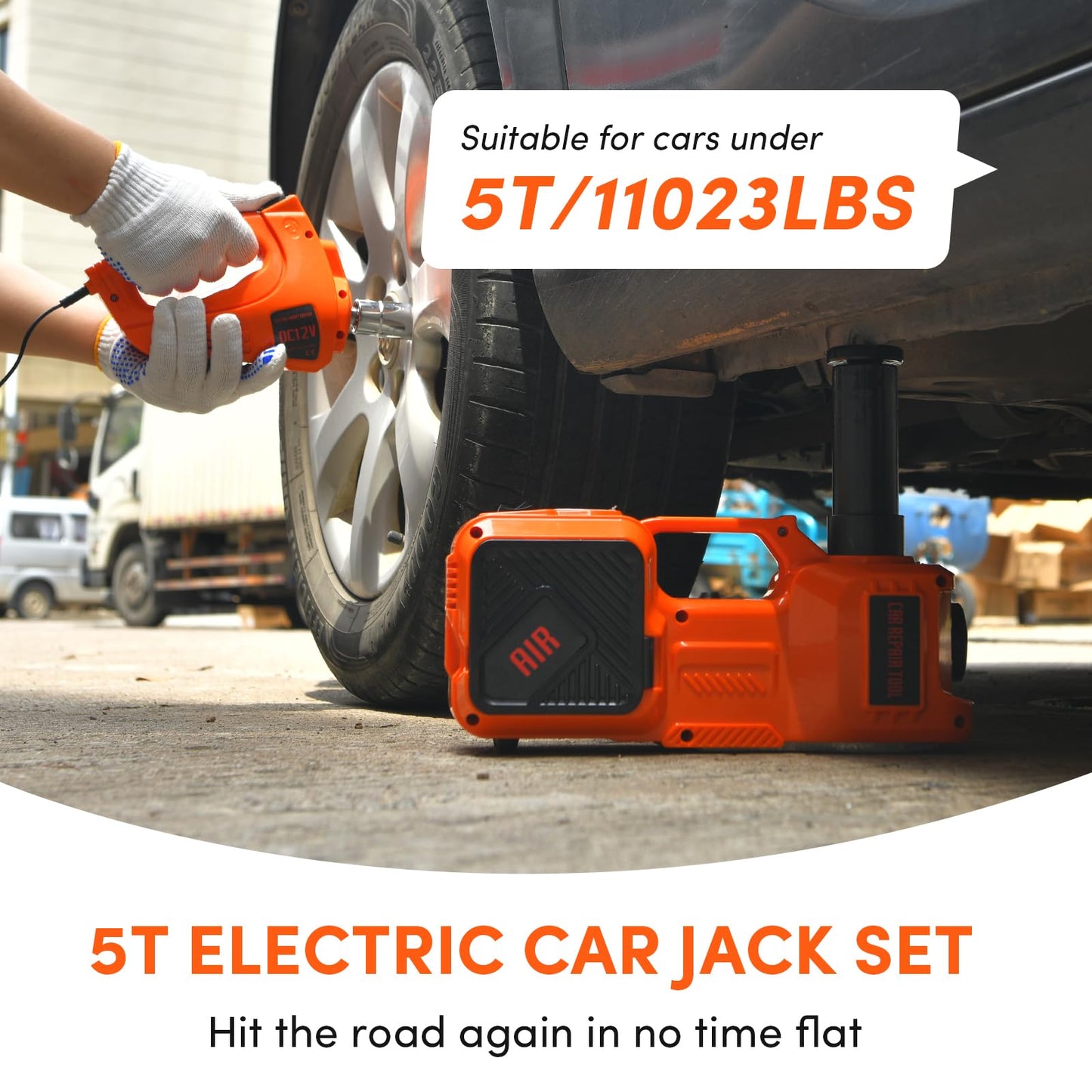 Electric Car Jack Kit 5 Ton 12V Floor Jack Portable Hydraulic Car Jack with Impact Wrench and Tire Inflator Pump for SUV Sedans Tire Change with LED Light, Lifting Height 6 to 17.7 Inch