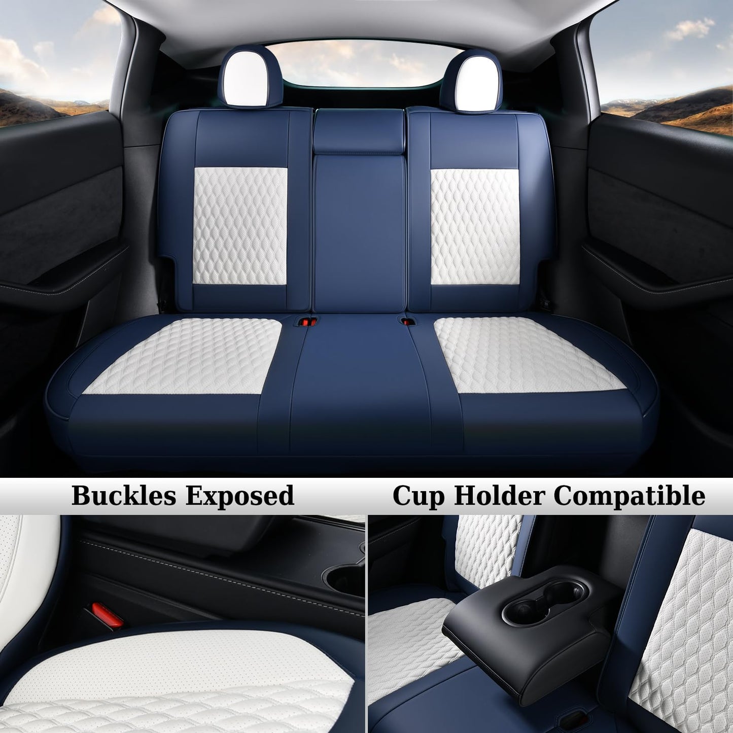 Coverado Car Seat Covers for Tesla Model Y, Car Seat Covers Full Set 5 Seater, Leatherette Car Seat Covers Front Seats and Back Custom for Tesla Model Y 2020 2021 2022 2023 2024 BlueWhite