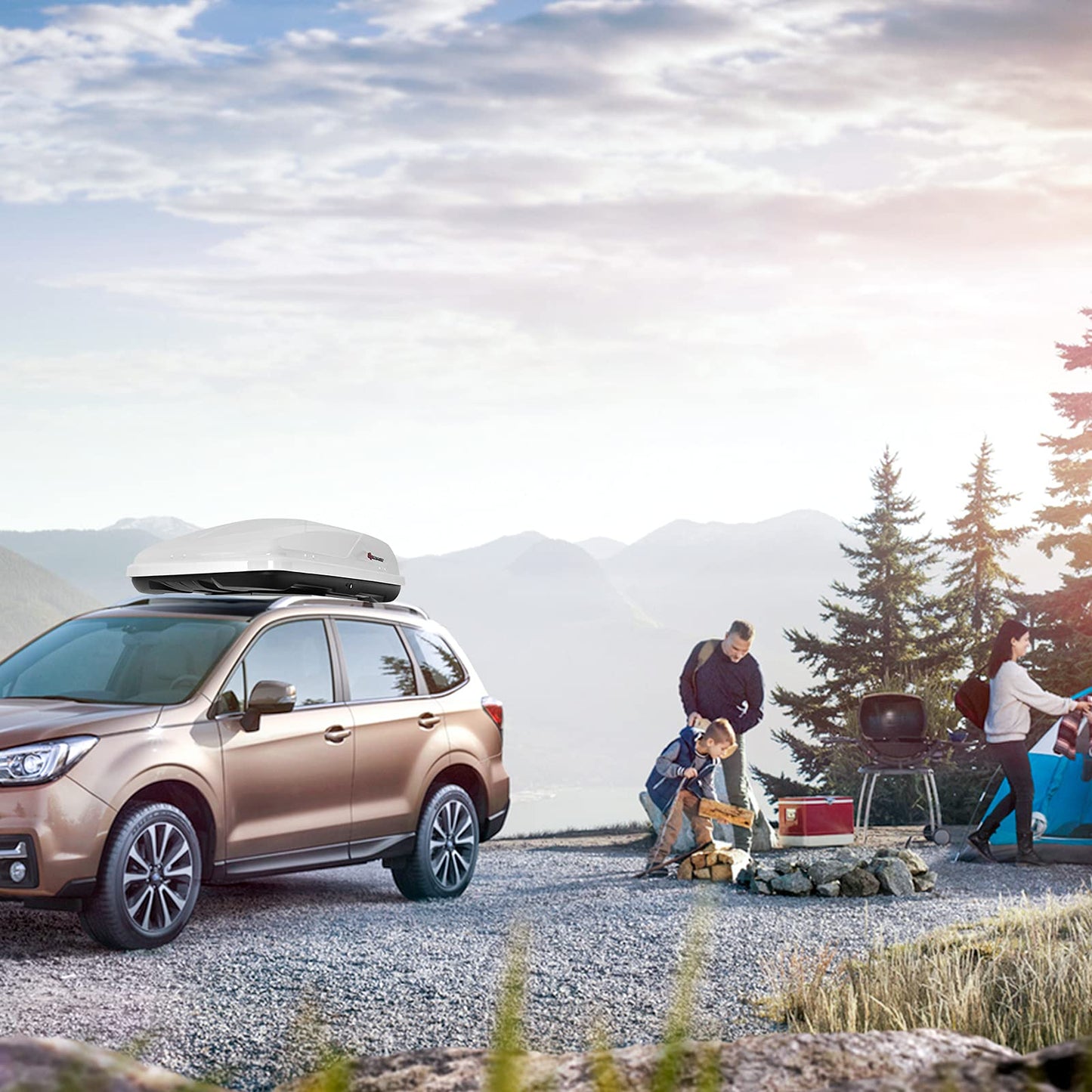 Goplus Rooftop Cargo Carrier Hard Shell, 14 Cubic Feet Waterproof Car Roof Cargo Carrier w/Dual Side Opening, Security Key, 165LBS Capacity, for 17” to 22.8” Wide Crossbar Rack, Vehicle Cargo Box