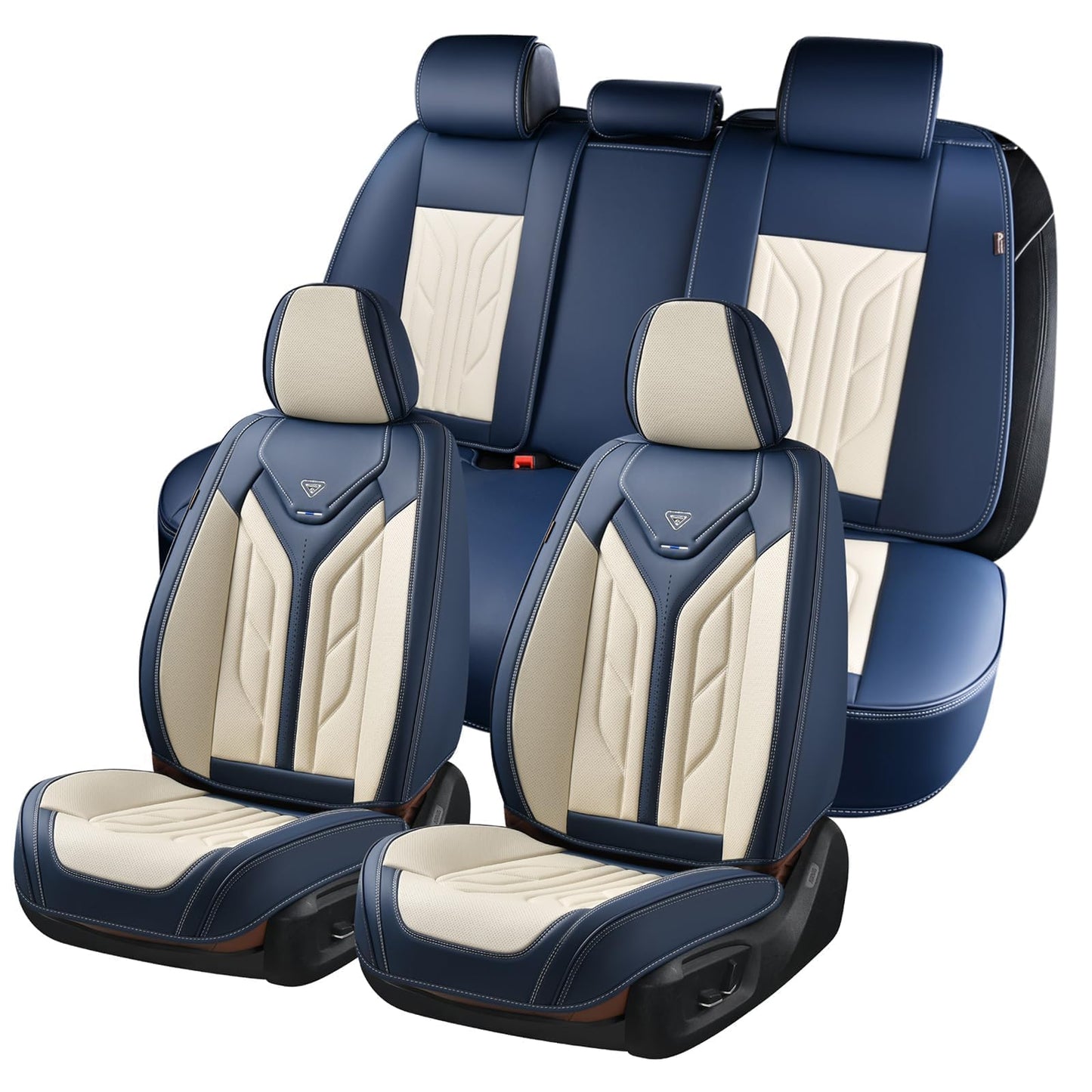 Coverado Car Seat Covers Full Set, Leather Seat Covers for Cars, Automotive Seat Covers Car Seat Protectors Car Accessories Universal Fit for Most Sedans SUV Pick-up Truck(Blue&Beige)
