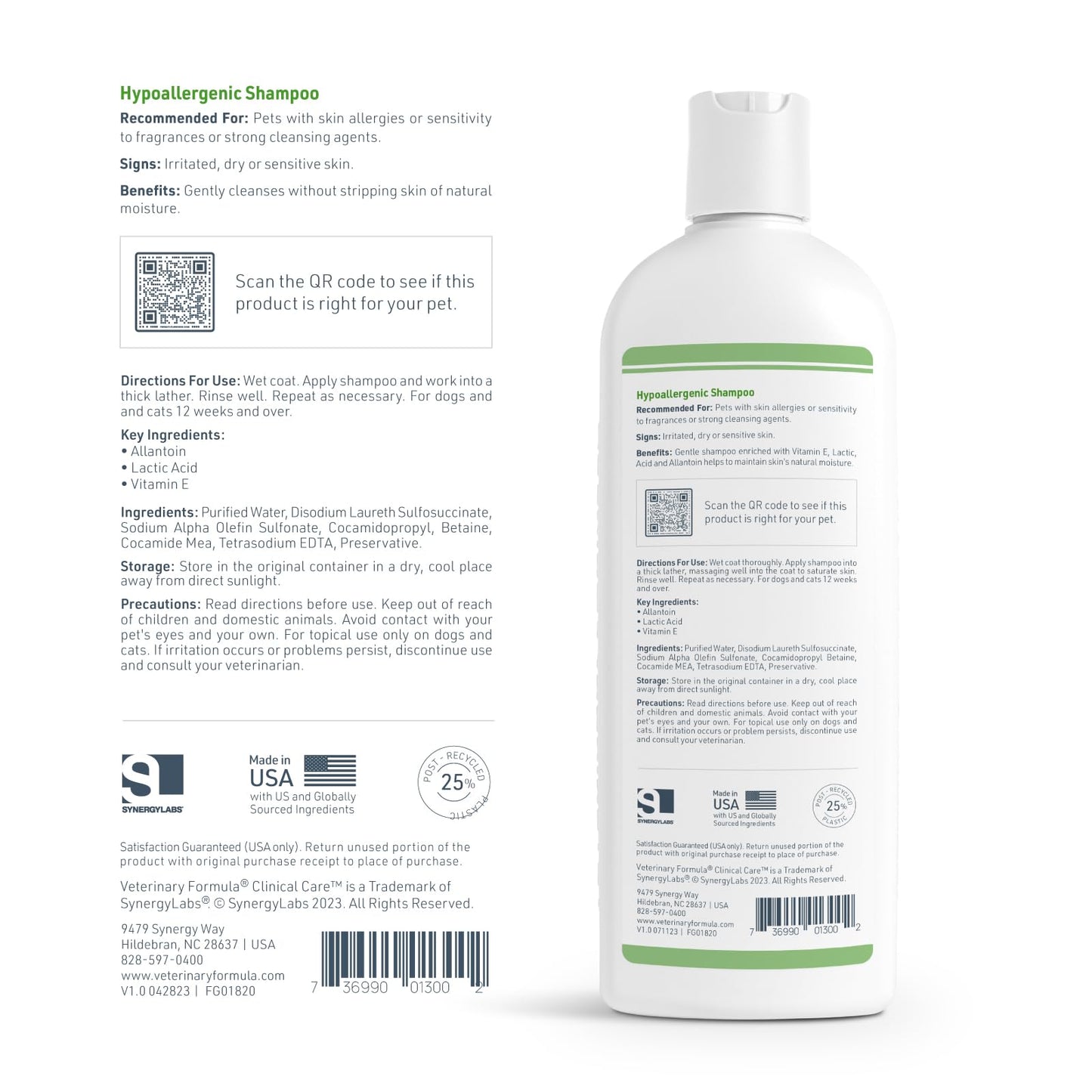 Veterinary Formula Clinical Care Hypoallergenic Shampoo for Dogs and Cats, 16 oz – No Harsh Ingredients – Fragrance-Free Pet Shampoo for Allergies and Sensitive Skin, Promotes Healthy Skin and Coat