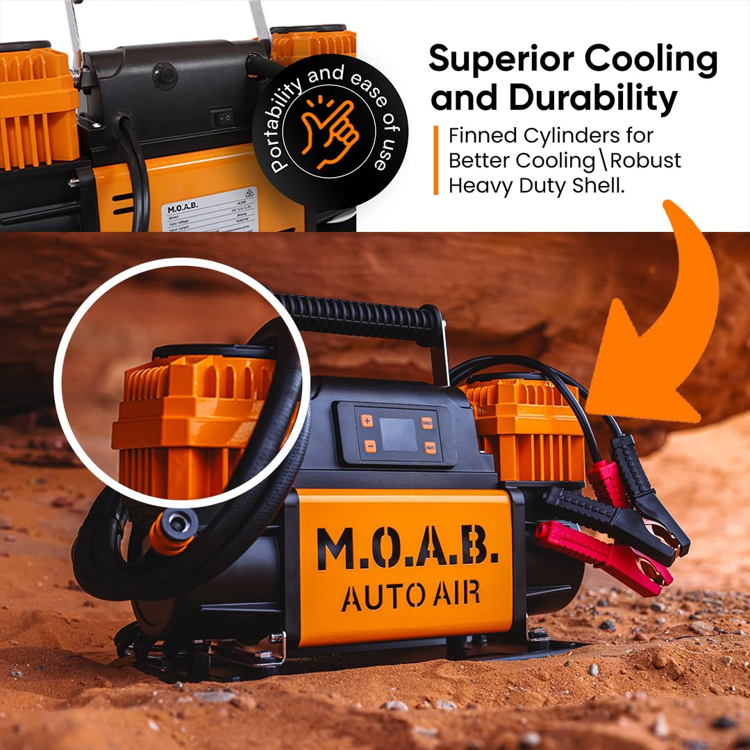 EZ FLATE M.O.A.B. Auto Air Compressor w/LCD Display, Set Target Pressure, dual air compressor, 10.6 CFM Offroad Air Compressor 4x4, 150 PSI, Inflator With Pressure Gauge