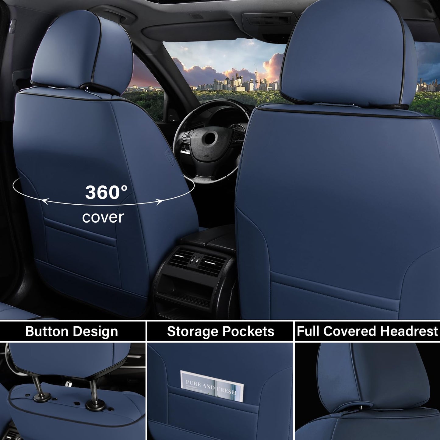 Coverado Car Seat Covers Full Set, Leather Seat Covers for Cars, Automotive Seat Covers Car Seat Protectors Car Accessories Universal Fit for Most Sedans SUV Pick-up Truck(Blue&Beige)