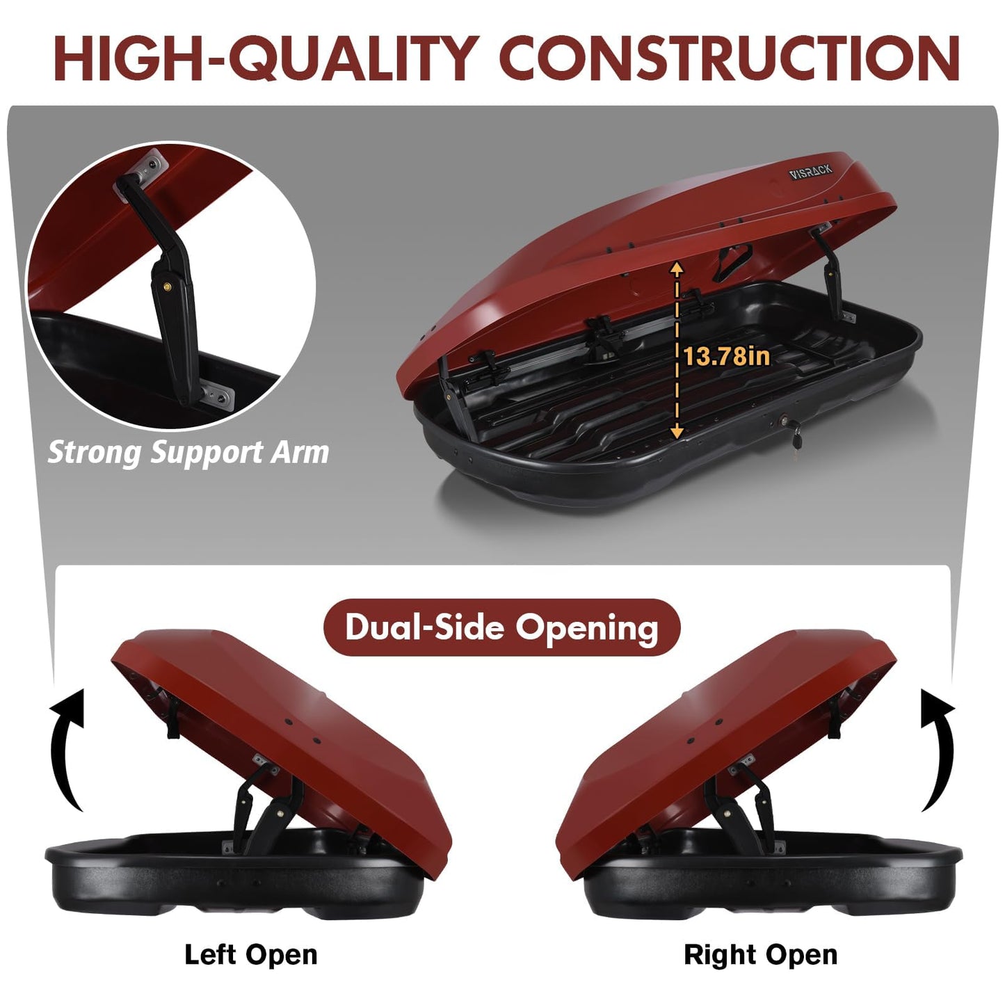 Heavy-Duty Rooftop Cargo Box, Weather-Resistant Hard-Shell Roof Storage Box with Security Locks, 130 LBS Capacity, 14 Cubic Ft, 56" L x 30" W x 13.7" H, Red