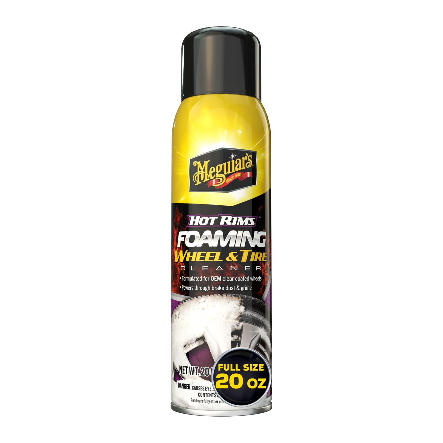 Meguiar's Hot Rims Foaming Wheel & Tire Cleaner - Combines a Wheel and Tire Cleaner in One Product that Quickly Powers through Brake Dust and Grime on OEM Clear Coated Wheels, 20 Oz Foam
