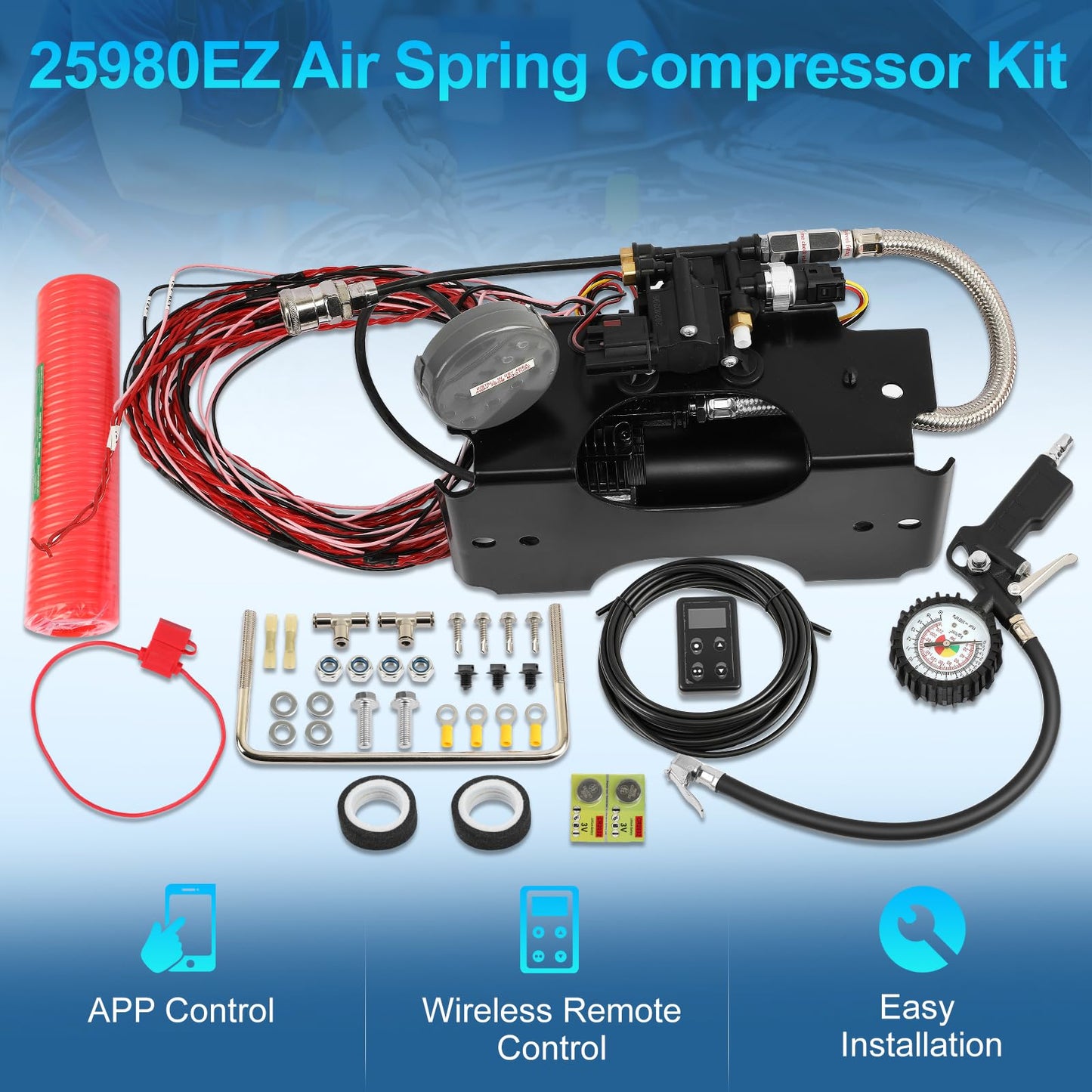 25980EZ Wireless On Board Air Compressor System, Air Spring Compressor Kit, with a portable tire inflation kit