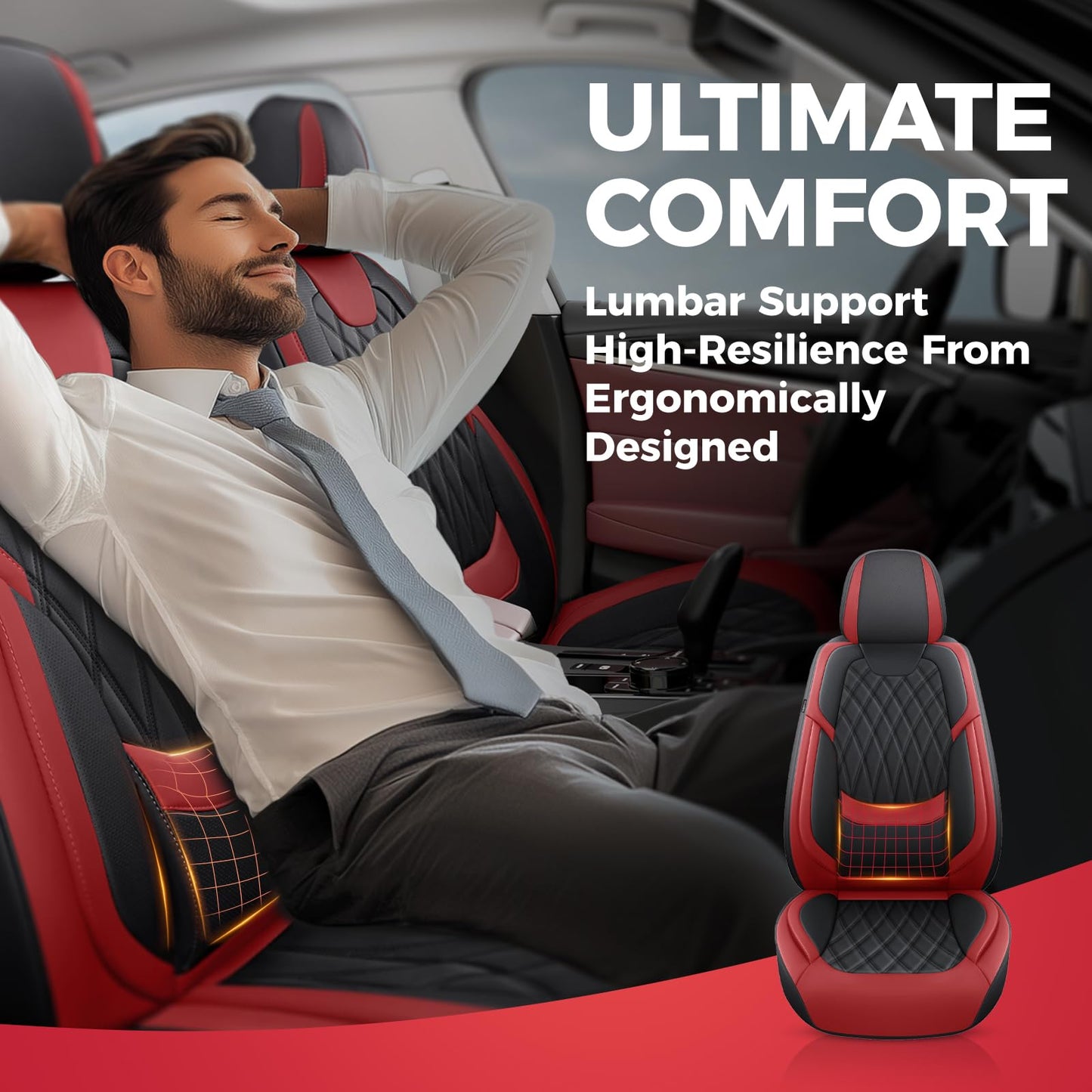 FREESOO Black Red Car Seat Covers Full Set - Faux Nappa Leather Seat Covers for Cars, Breathable Waterproof Front Seats with Lumbar Support and Rear Seat Cover, Fit for Automotive Sedans SUVs Pickups