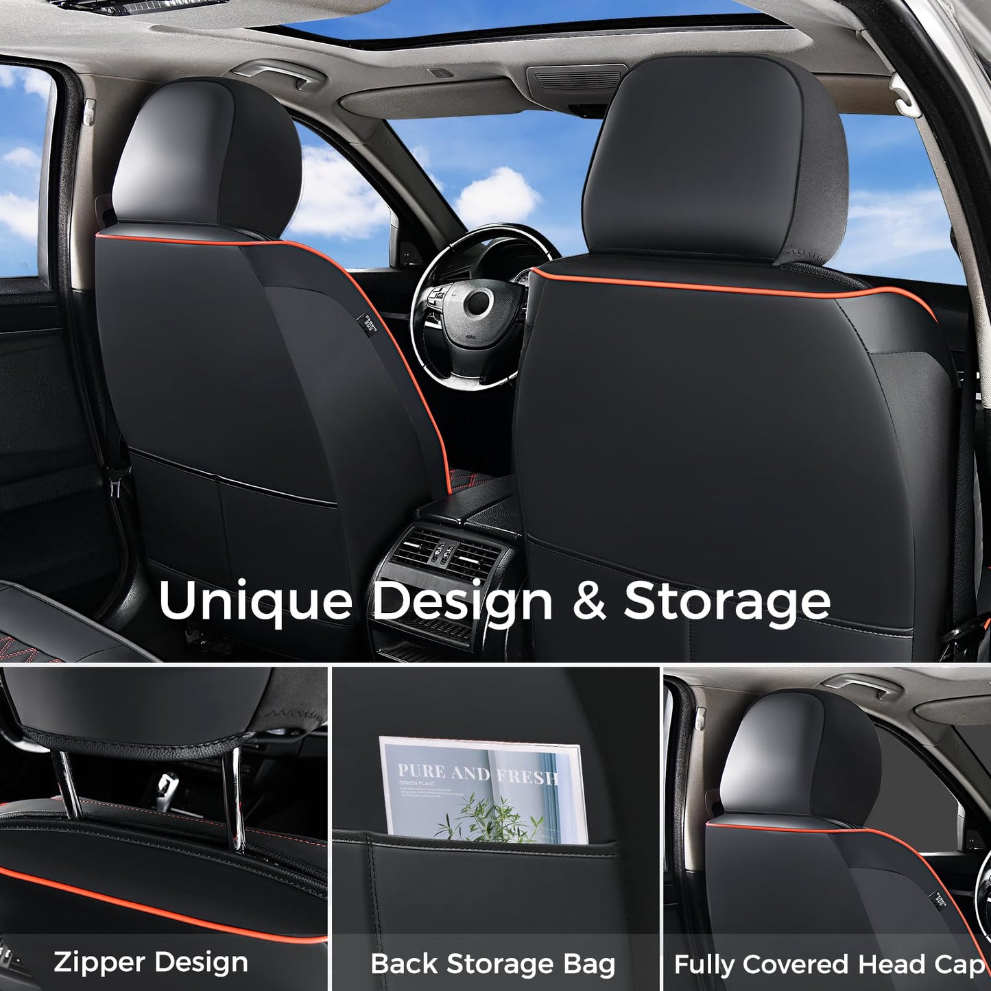 Huidasource Seat Covers for Car, Full-Cover Nappa Leather Car Seat Covers Full Set Waterproof, Black Car Seat Cover Front ＆ Back Seat Fit for Most Cars, Vans, Trucks, SUVs (Full Set/Black&Red)