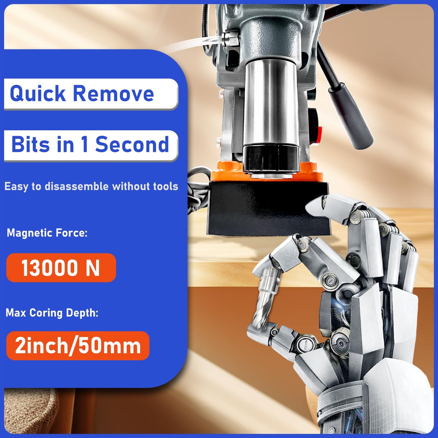 Magnetic Drill, 1400W 2" Boring Diameter, 810 RPM Power Magnetic Drill Presses, 2922lbf/13000N Drill Press with Variable Speed, for Metal Surface, Industrial/Home Improvement
