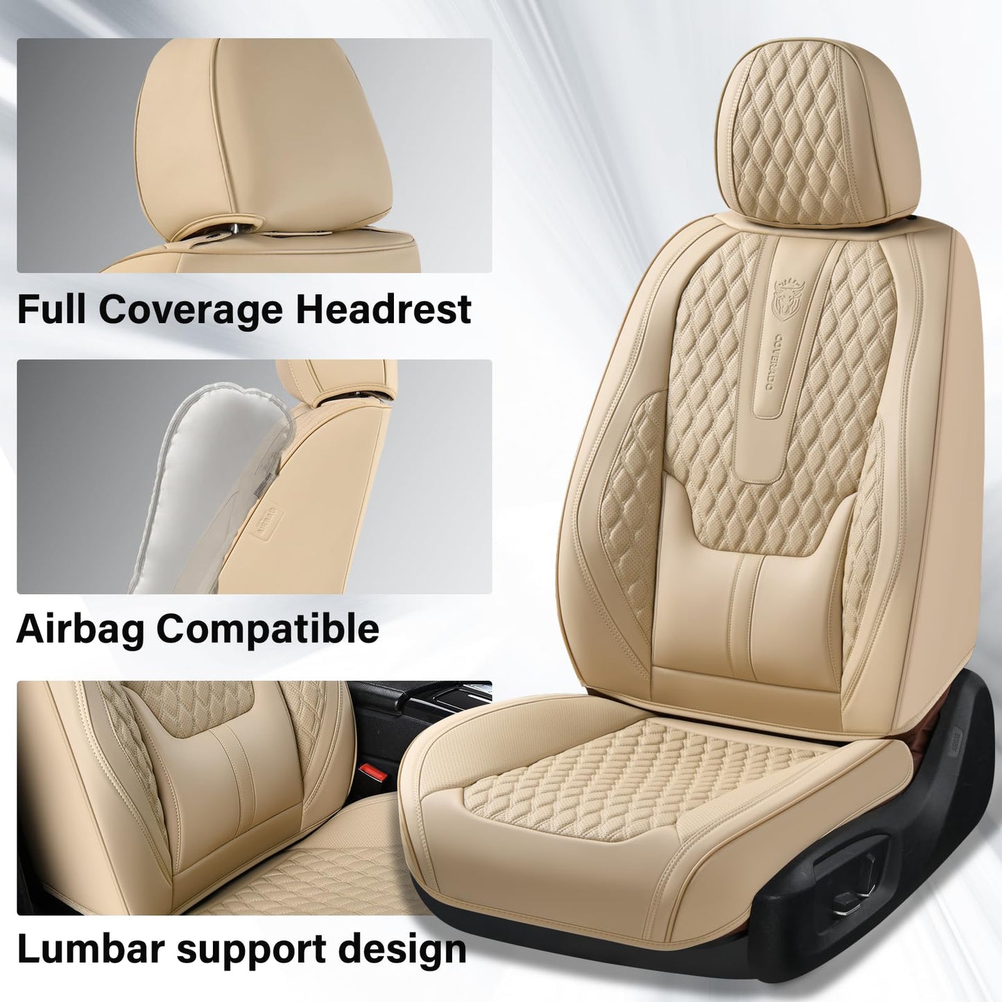 Coverado Car Seat Covers Full Set, Nappa Leather Seat Covers for Car, Waterproof Car Seat Protector with Lumbar Support, Automotive Seat Covers Universal Fit for Most Cars SUV Trucks (Beige)