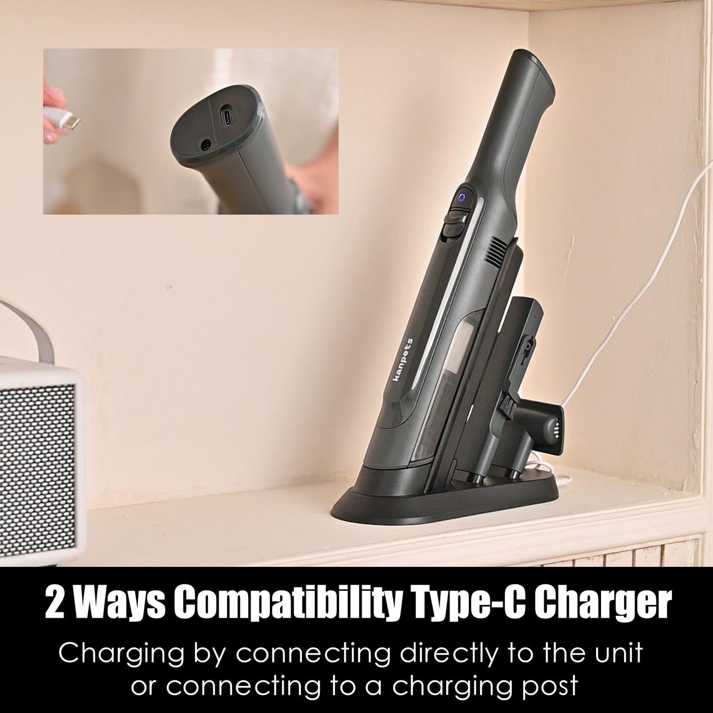 KANPETS Handheld Vacuum Cordless, Lightweight 1.4lb with Powerful Suction, Charging Dock, Single Touch Empty and Detachable Dust Cup, Portable Mini Car Vac for Home Pet Car, Steel Gray