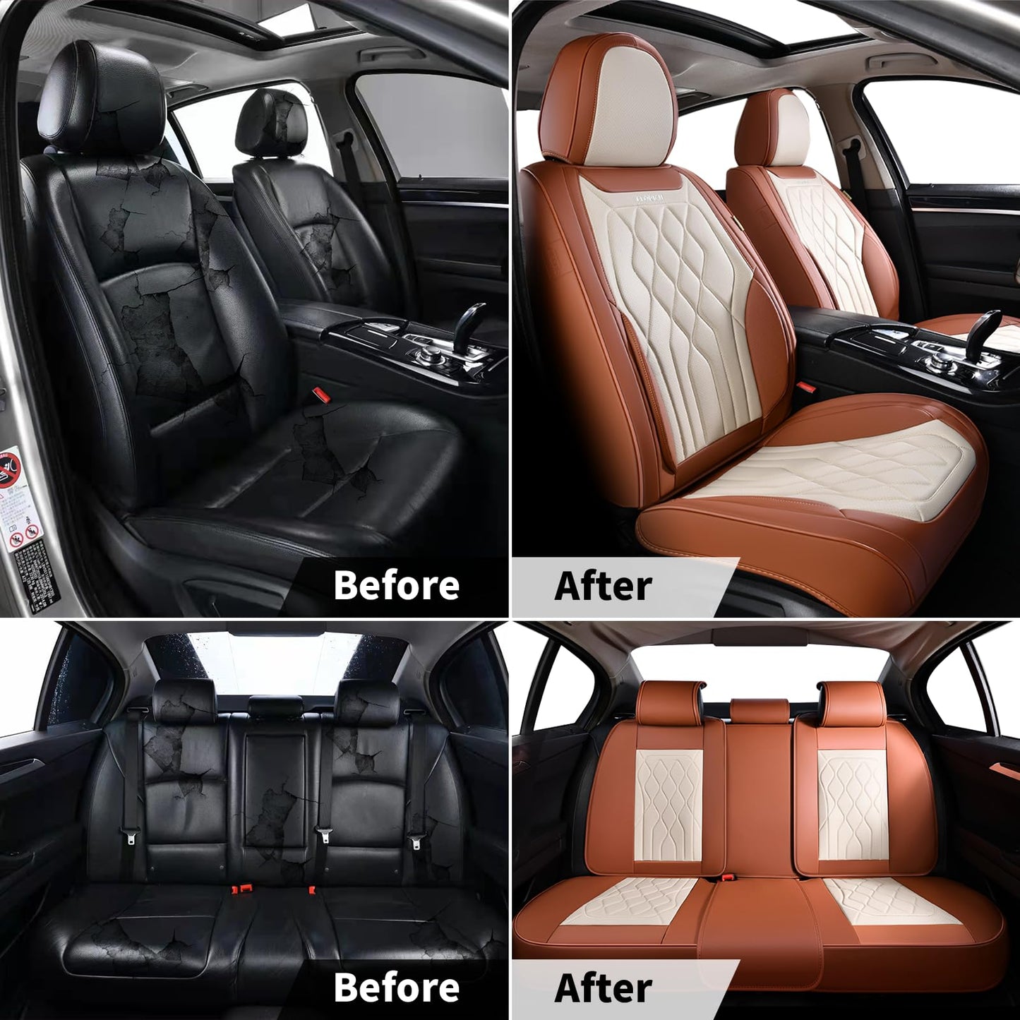 FLORICH Leather Car Seat Cover 5 Pieces, Full Set Car Seat Covers, Automotive Seat Covers Protector Fit for Most Sedans SUV Pick-up Truck - Brown&Beige