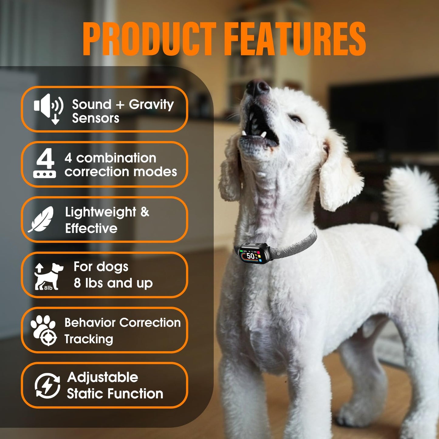 SKBAK Smart Dog Bark Collar, for Small Medium Large Dogs 10-100lbs, Automatic Dog Training Collar to Decrease Barking, Anti Barking Device with 4 Training Modes, More 8 Sensitivity Levels, Black